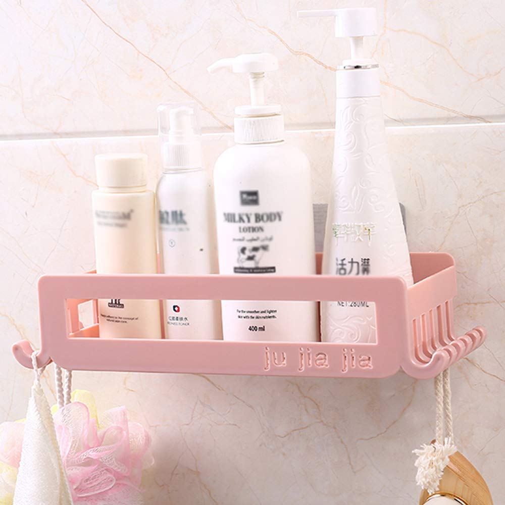 Rectangle Bathroom Shelf with 9 Hooks - Wall Mounted Plastic Shower Caddy Organizer for Shampoo, Soap & Toiletries - Space Saving Bath Corner Storage Solution for Small Bathrooms & Showers