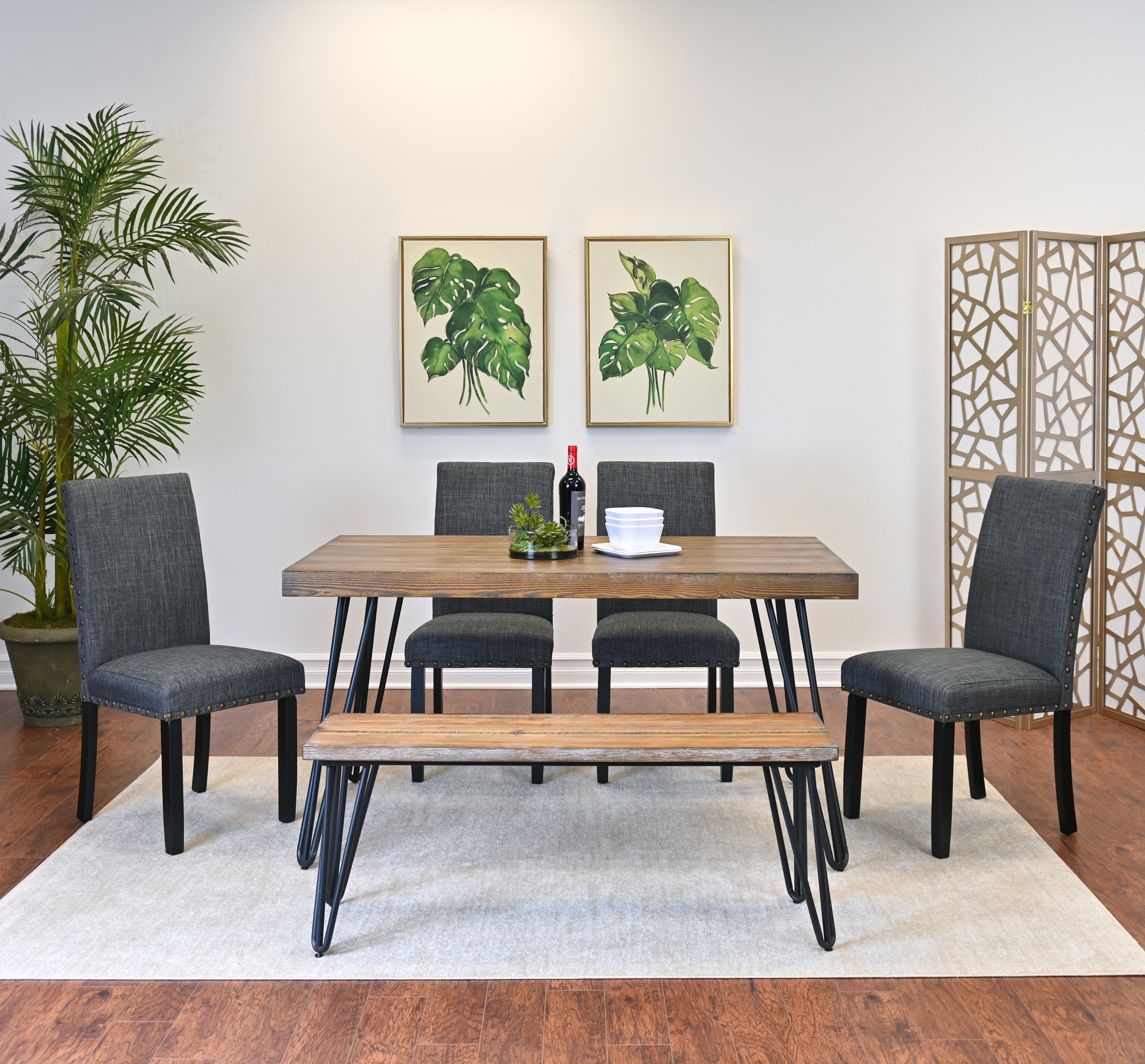 Roundhill Furniture Amisos 6-Piece Dining Set - Hairpin Leg Dining Table with 4 Chairs & Wooden Bench | Modern Kitchen & Dining Room Furniture for Small Spaces