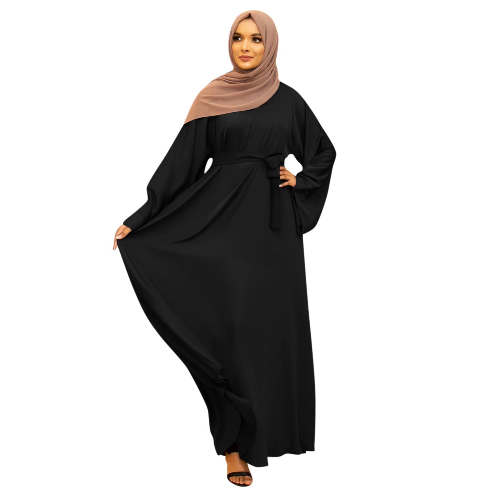 Women's Casual Solid Color Muslim Abaya Dress with Flare Sleeves - Islamic Arab Kaftan for Prayer, Mosque & Everyday Wear