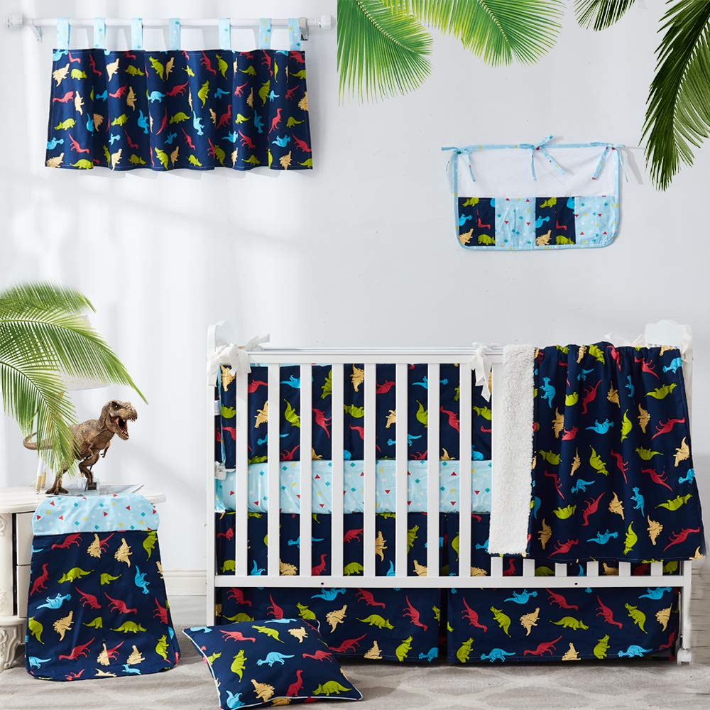 Brandream 11-Piece Dinosaur Crib Bedding Set for Boys - Soft Cotton Woodland Forest Nursery Blanket with Navy Blue Spunky Dino Design | Perfect for Baby Shower Gifts & Nursery Decor