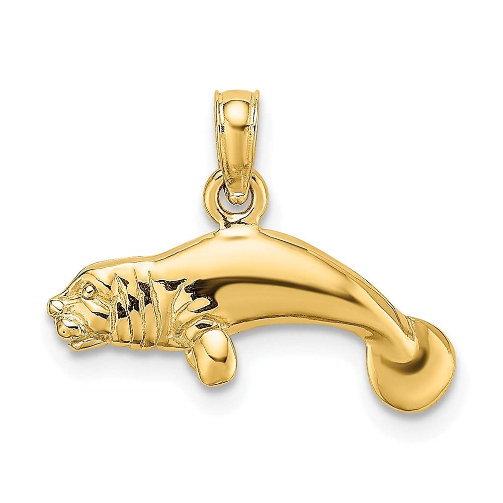 14K Gold 3D Polished Swimming Manatee Pendant Charm Necklace - Elegant Fine Jewelry Gift for Women - Perfect for Beach Vacations, Ocean Lovers & Animal Conservation Supporters