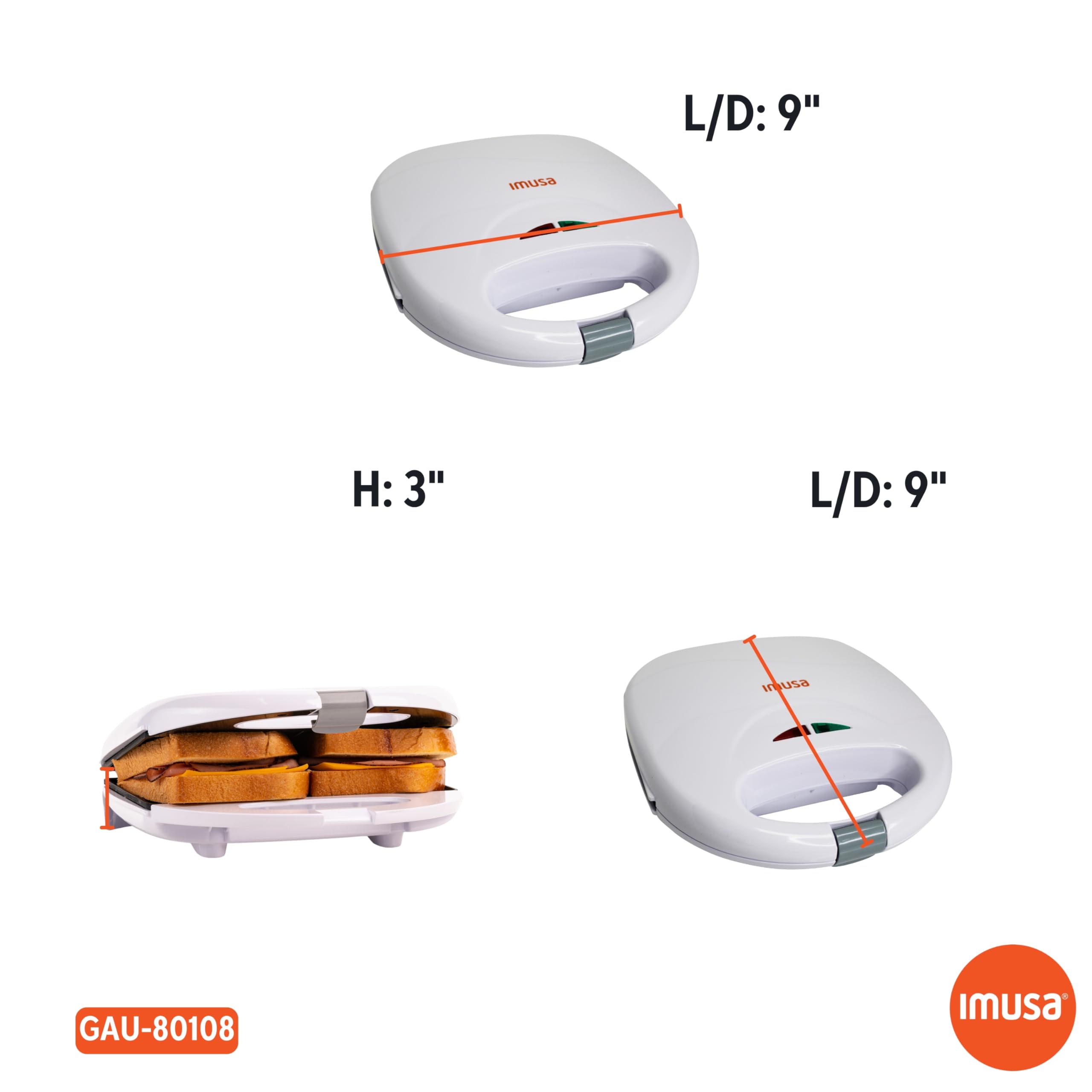IMUSA 2-Slot Electric Sandwich Maker - White (GAU-80108) with Indicator Lights | Perfect for Quick Breakfasts, Lunches & Snacks at Home or Office
