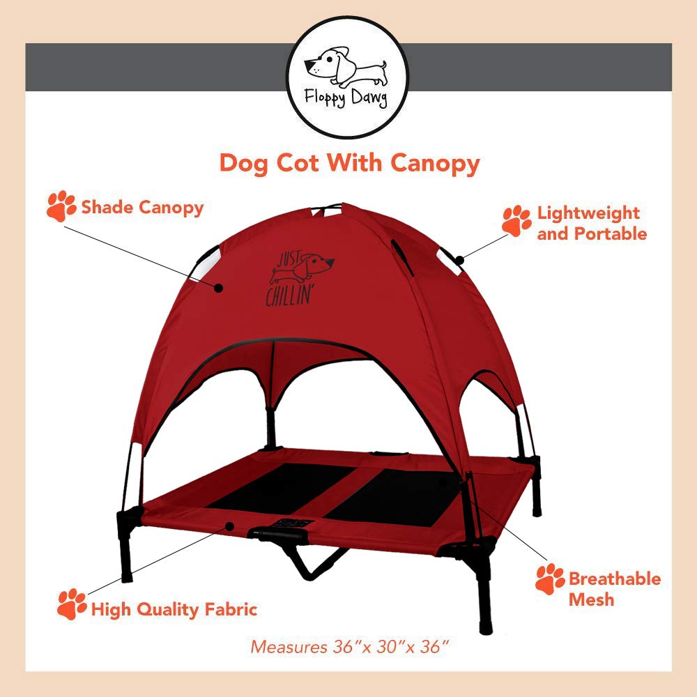 Floppy Dawg Elevated Dog Bed - Portable Cool Cot with Canopy for Indoor & Outdoor Use