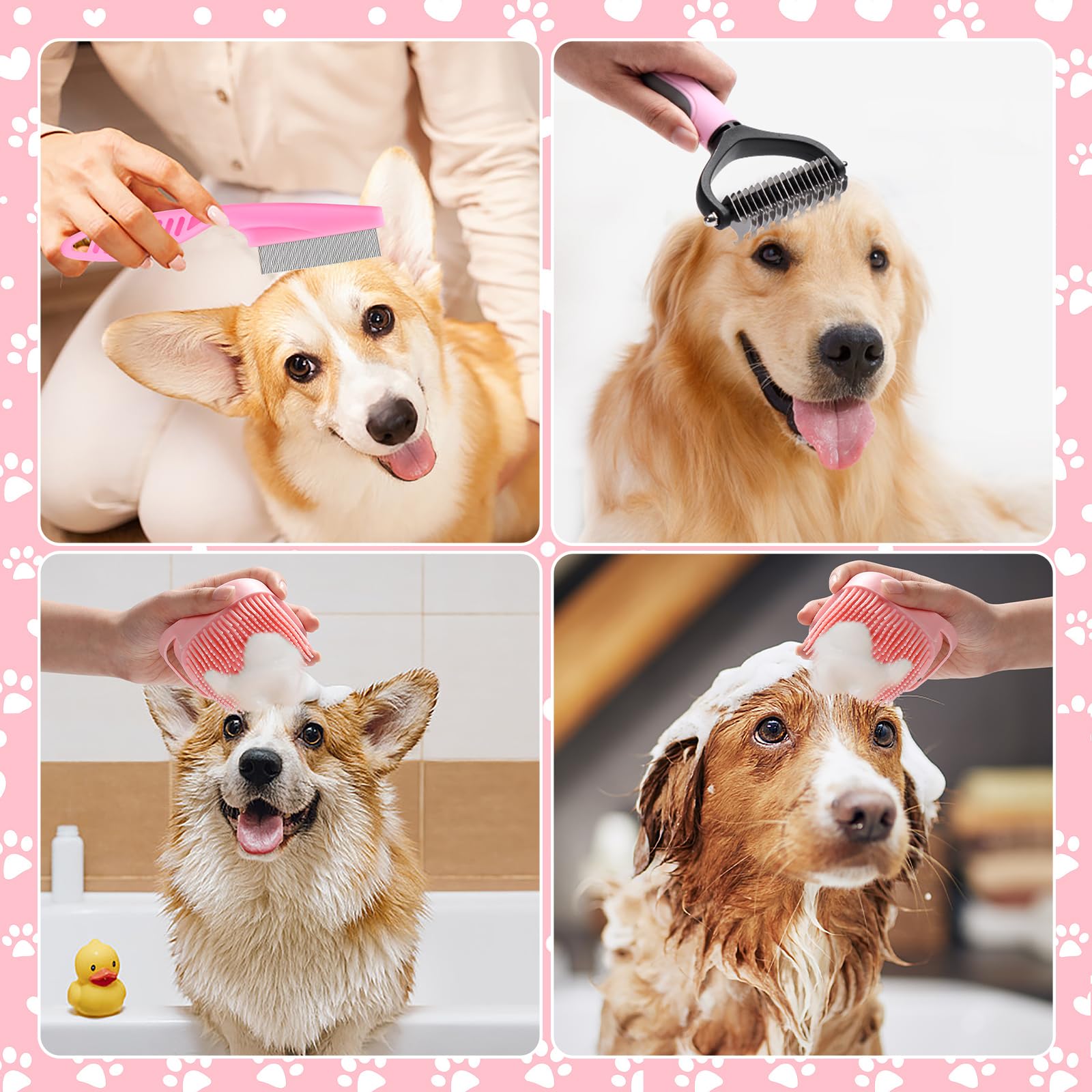 VCZONE 8 Pcs Dog Grooming Kit with Self Cleaning Tools - Professional Nail Clippers, Flea Comb, Shampoo Brush, Shedding Brush, Dematting Comb & Silicone Toothbrush for Small to Large Dogs (Pink) - Perfect for Home Pet Care, Bathing, and Coat Maintenance