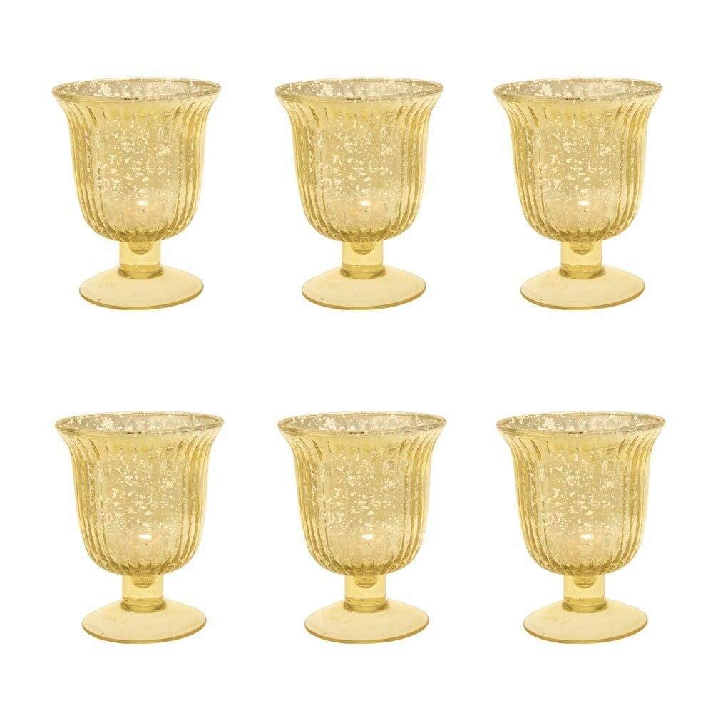 Vintage Mercury Glass Candle Holders 6-Pack - 5 Inch Gold Fluted Urn Emma Design - Elegant Home Decor for Wedding Centerpieces, Party Decorations & Table Settings - Perfect for Dining Room, Living Room & Special Events
