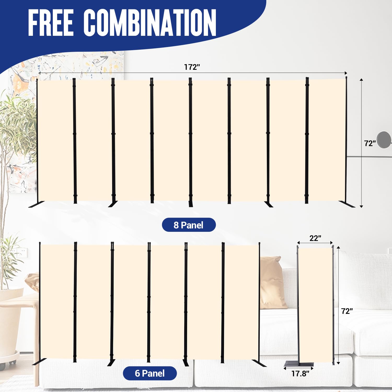 8 Panel Folding Room Divider Privacy Screen - 14.67 Ft Wide Portable Partition for Home, Office, School & Studio | Space Separator for Bedrooms, Living Areas & Workstations (Beige)