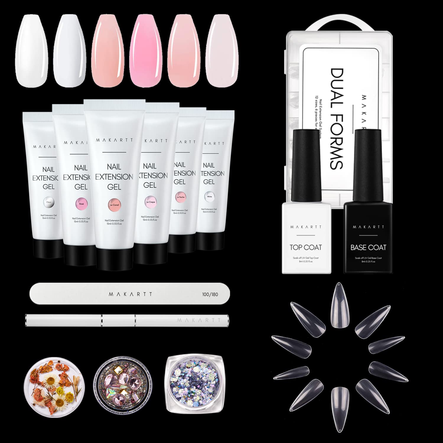 Makartt Poly Nail Gel Kit - Clear Pink Nail Extension Gel Set for Fall & Winter | 500Pcs Full Cover Stiletto Nail Tips | DIY Nail Art, Salon & Home Manicure Enhancement