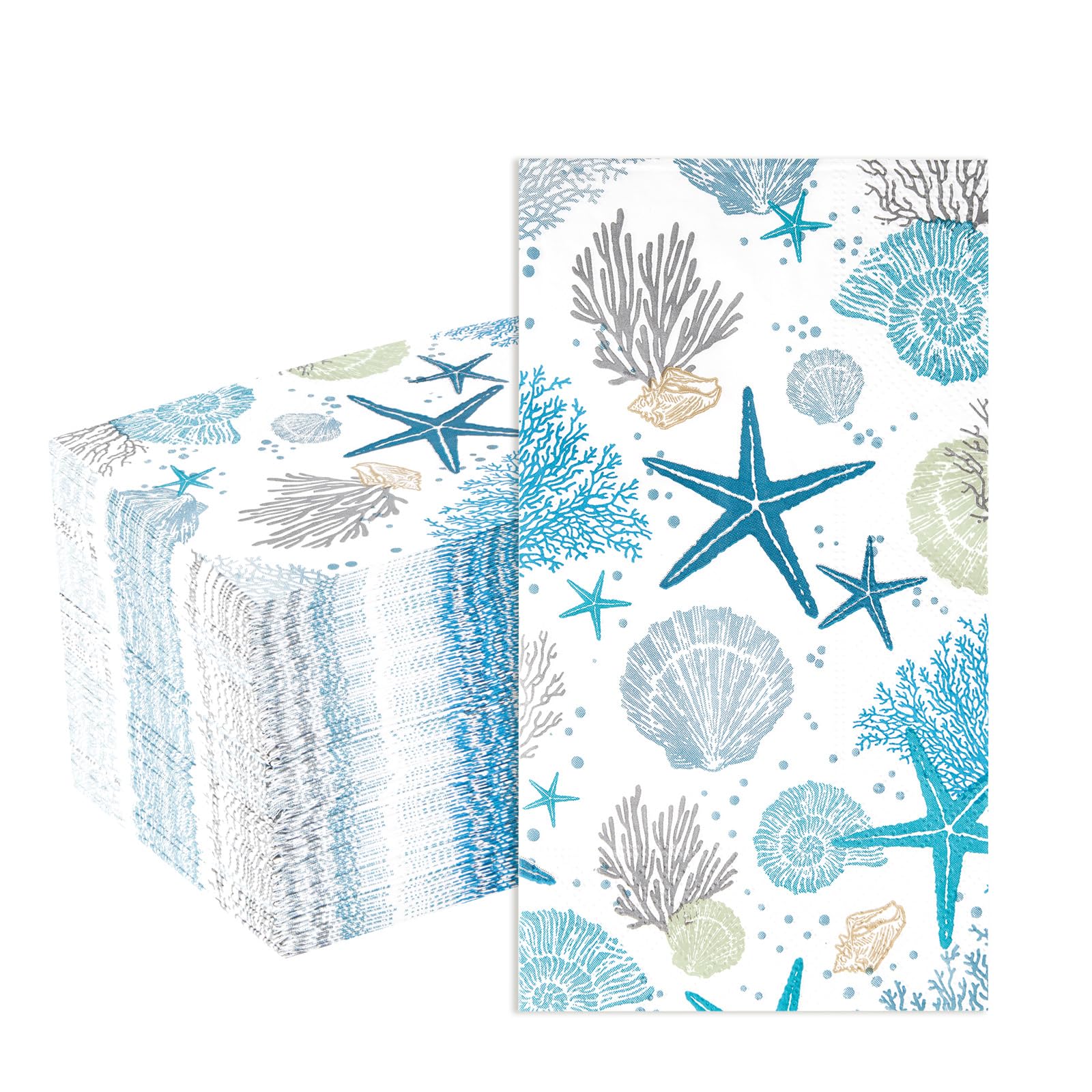 100Pcs 3-Ply Disposable Paper Napkins - Starfish Seashell Coral Design, Soft & Absorbent Hand Towels for Bathroom, Beach, Summer, Wedding & Baby Shower | Perfect for Parties, Picnics & Coastal-Themed Events