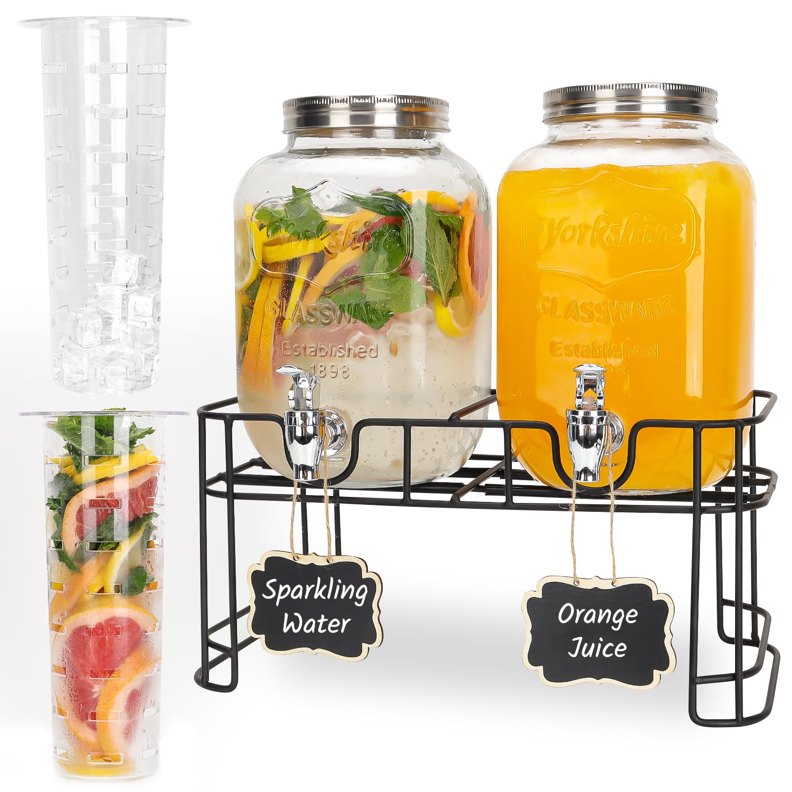 2-Pack 1 Gallon Glass Drink Dispensers with Stand & Spigot - 100% Leak Proof Beverage Dispenser for Parties, Lemonade, Iced Tea - Includes Ice Cylinder & Chalkboard Label - Perfect for Weddings, BBQs, and Outdoor Events