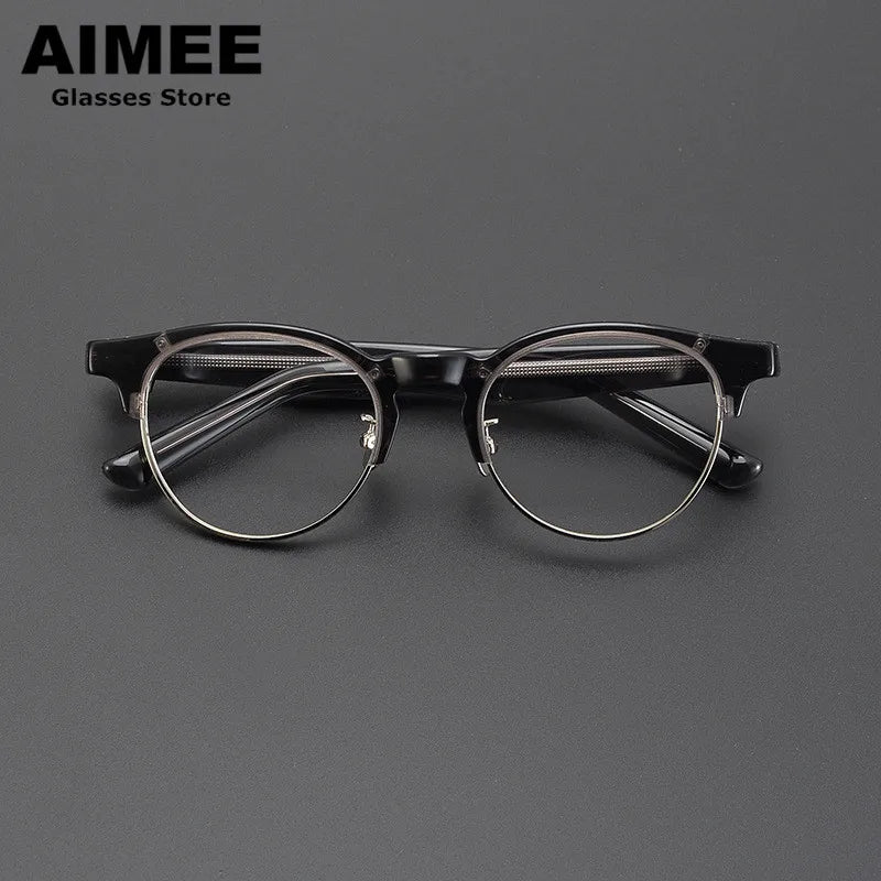 Aimee Unisex Full Rim Round Acetate Titanium Eyeglasses Frame 9006 - Lightweight & Durable Glasses for Men & Women - Perfect for Reading, Working, and Daily Wear