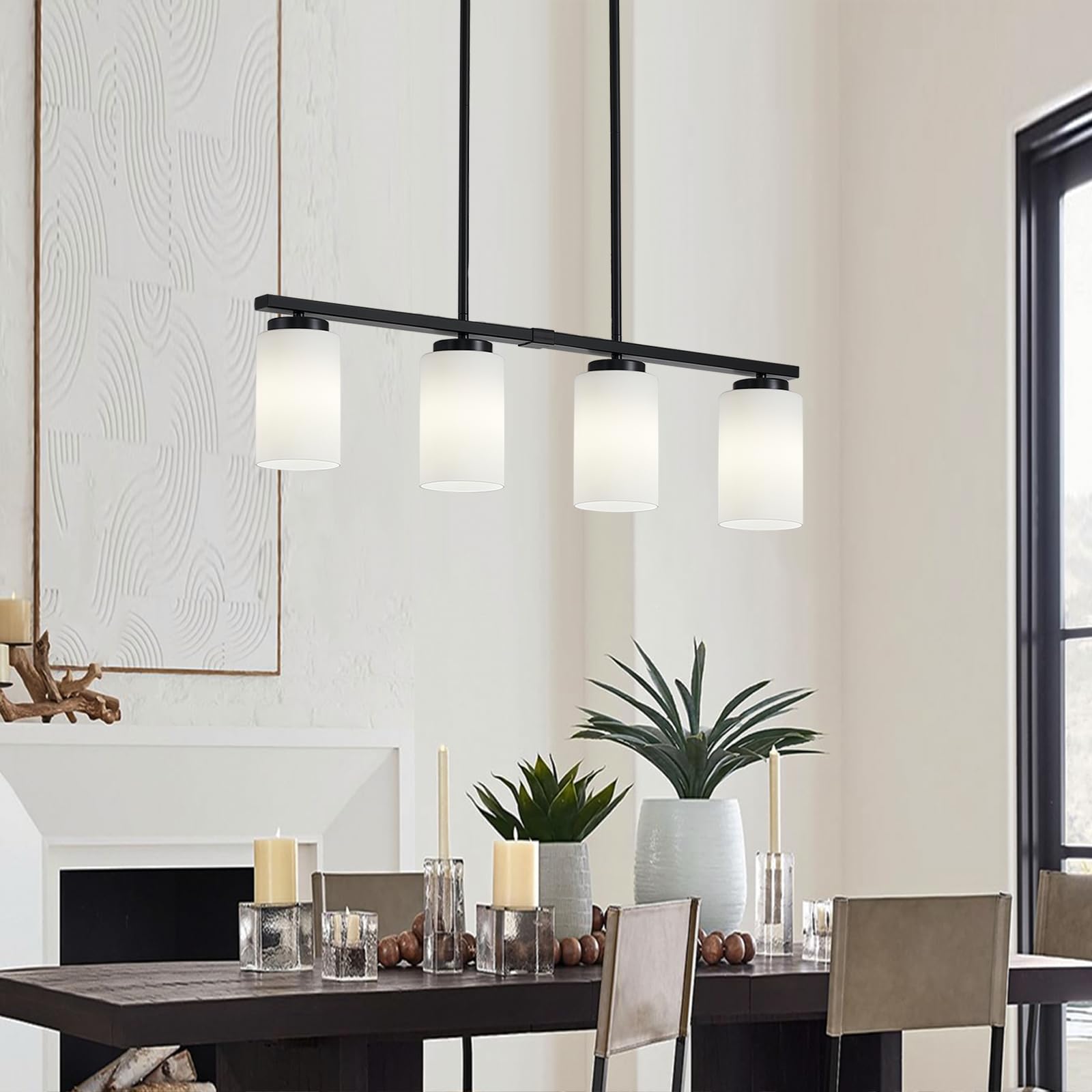 4-Light Farmhouse Linear Chandelier - Adjustable Kitchen Island Lighting with Milky Glass Shades - Rustic Dining Room Pendant Light Fixture for Modern Farmhouse, Restaurant & Breakfast Nook Decor
