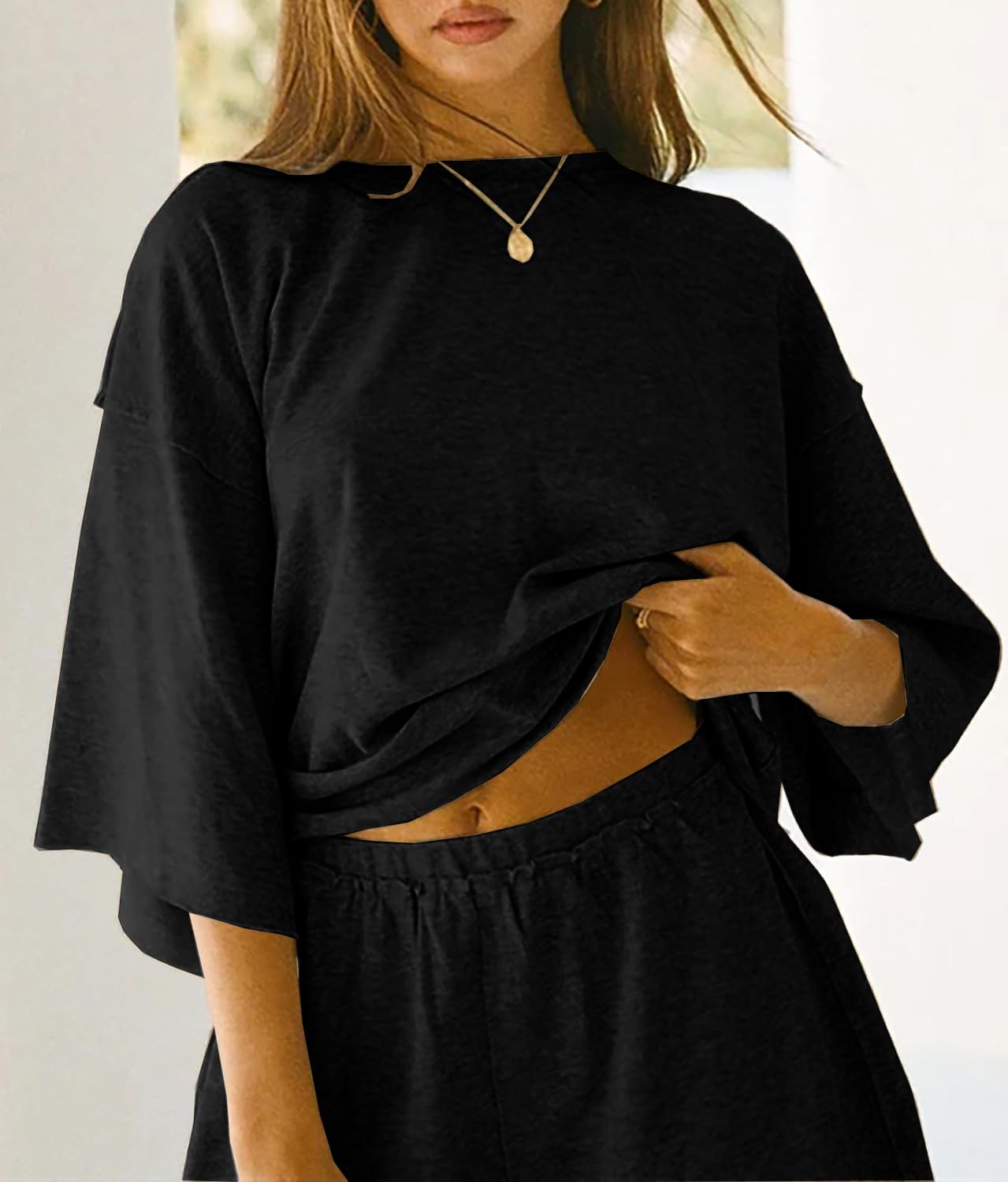 JAWINT Women's 2 Piece Lounge Set - Casual 3/4 Sleeve Top & Elastic Waist Shorts - Oversized Shirt & Comfortable Pajama Outfit for Home, Sleepwear & Relaxation