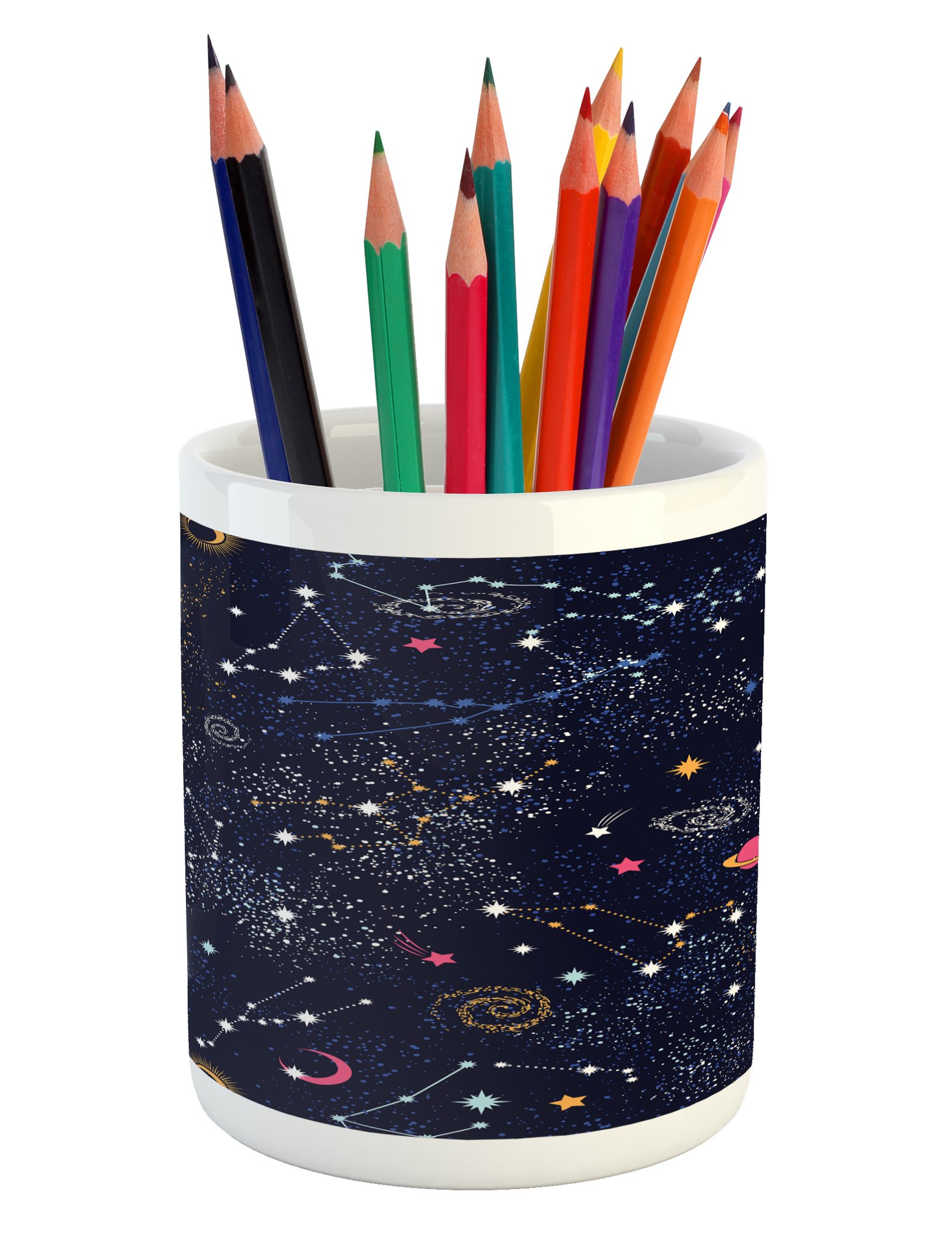 Lunarable Constellation Ceramic Pen Holder - Star Clusters, Galaxies & Planets Astrology Design | Desk Organizer for Office & Home | Perfect Gift for Astronomy Lovers & Stationery Enthusiasts