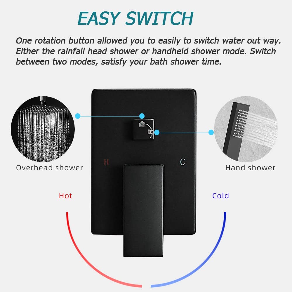 10 Inch Ceiling Mounted Rain Shower System - Matte Black Rainfall Shower Head with Mixer Valve and Rough-in Trim - Perfect for Modern Bathroom Renovations and Spa-Like Shower Experiences