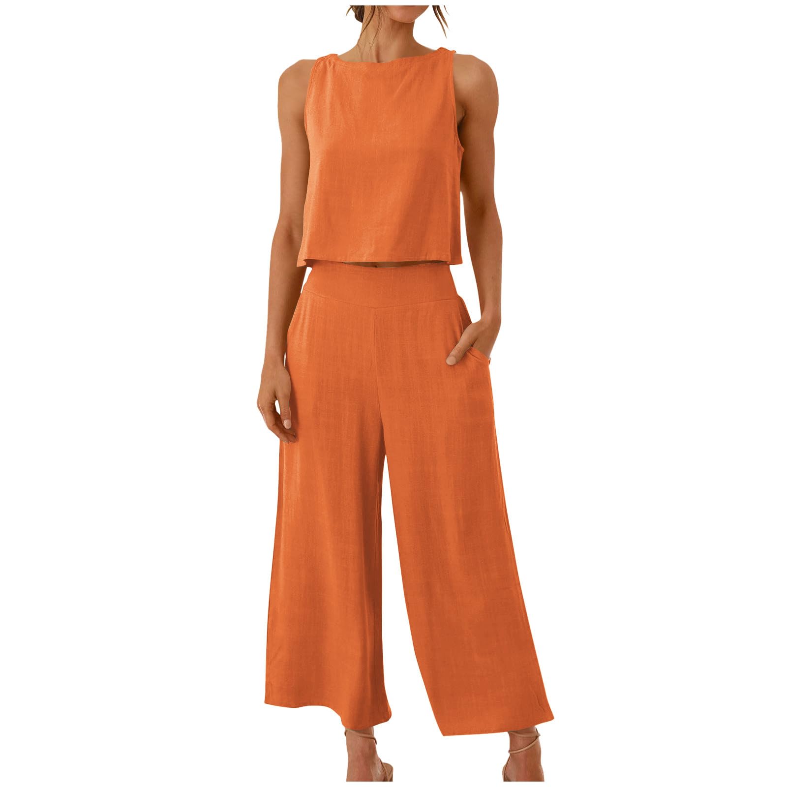 Women's 2-Piece Linen Lounge Set - Summer Crop Top & High Waist Wide Leg Capri Pants Outfit | Casual Wear, Beach Vacation, Yoga & Relaxation