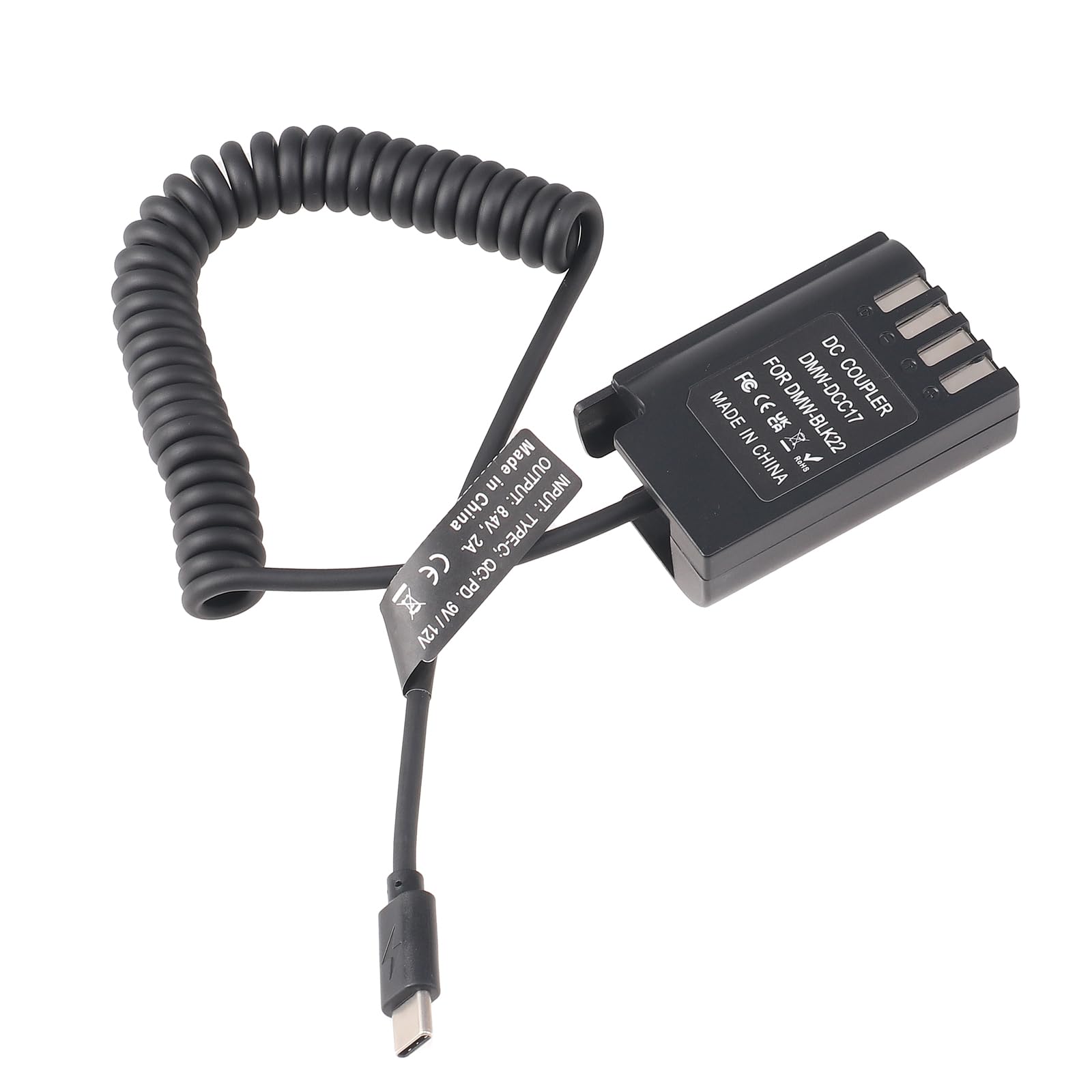 FocusFoto USB 3.1 USB-C to DMW-BLK22/DMW-DCC17 Decoded Dummy Battery Power Adapter Cable for Panasonic Lumix S5/S5II/S5M2/G9/G9II/GH5II/GH6 Cameras - Continuous Power Supply for Vlogging, Live Streaming & Photography