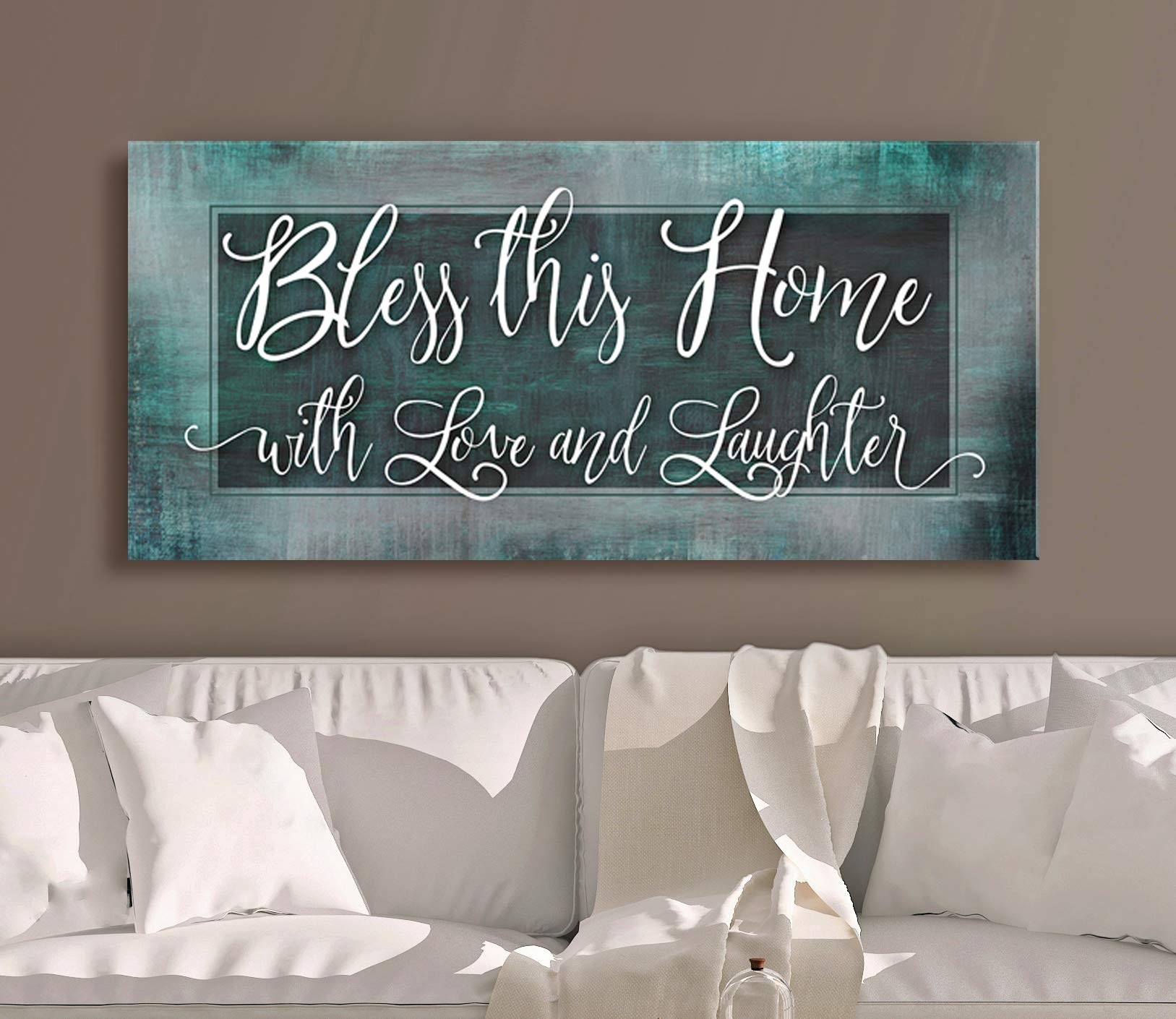 Bless This Home With Love - Religious Wall Decor for Housewarming Gifts, Rustic Home Decoration for Living Room, Blessed Sign (Teal, 60x27 inches) - Perfect for Farmhouse, Christian Homes & Cozy Spaces