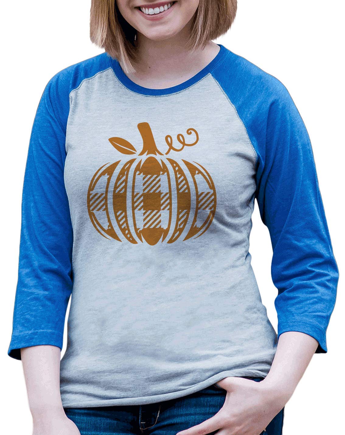 7 ate 9 Apparel Women's Orange Plaid Pumpkin Print Shirt - Fall Fashion, Thanksgiving Outfit & Autumn Casual Wear