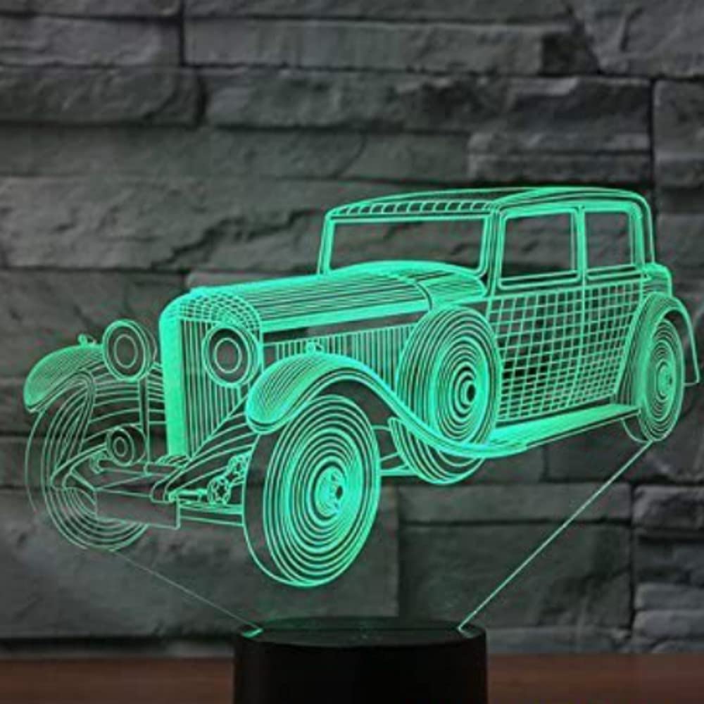 3D Classic Antique Car Night Light - Touch Switch LED Table Lamp with 7 Color Changing Modes, Optical Illusion Desk Decor for Kids Room, Bedroom, Birthday Gift for Children & Car Lovers - Perfect for Nighttime Reading, Nursery Lighting and Home Decoration