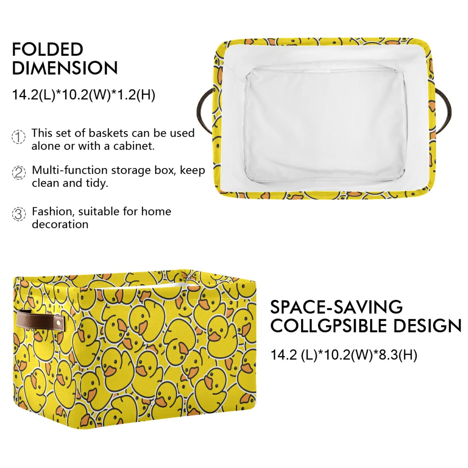 Collapsible Rectangular Storage Basket with Leather Handles - Waterproof Rubber Duck Design Storage Bin for Home Organization, Bedroom, Bathroom & Kids Room - Foldable Shelves Basket Organizer for Toys, Towels & Clothes