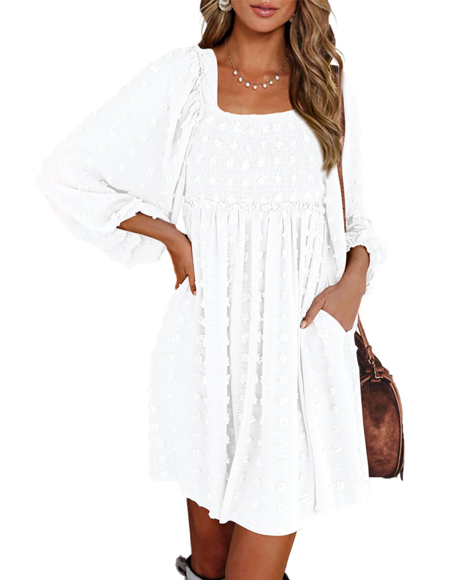 BTFBM Women's Floral Swiss Dot Boho Dress - Square Neck Smocked Long Sleeve Mini Dress for Spring & Summer 2025 | Perfect for Wedding Guest, Garden Party & Date Night Outfits
