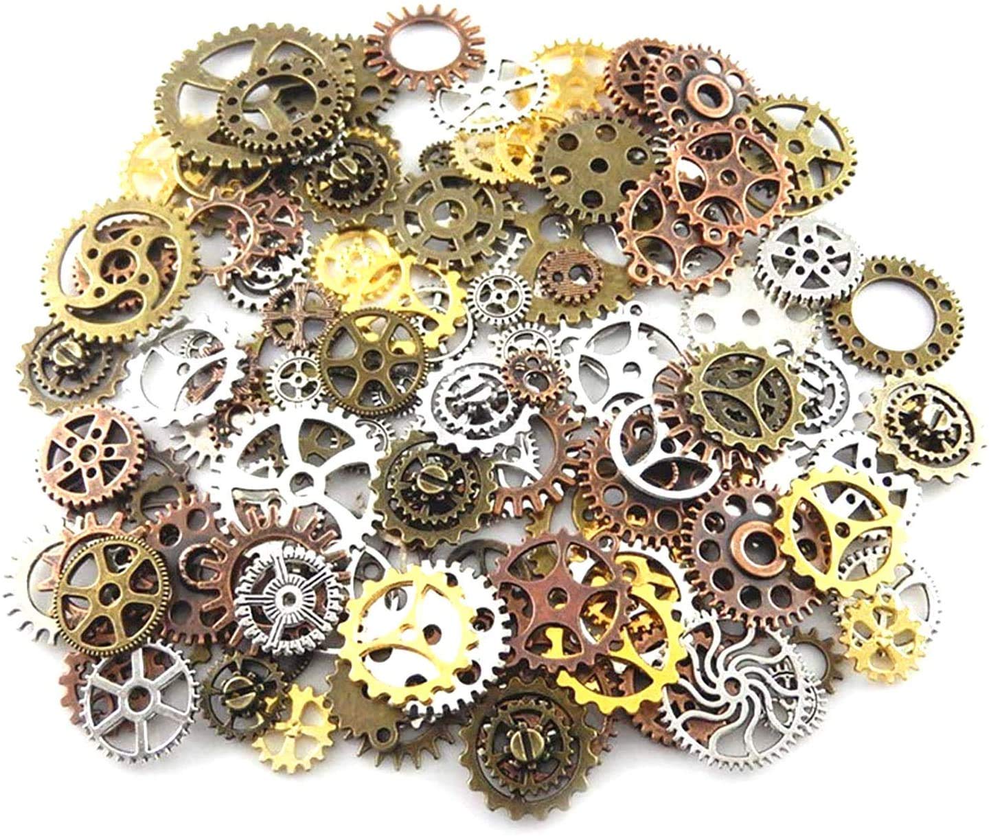 Kuou 100 Grams Antique Brass Cogs and Gears Set - Steampunk Charms for Jewelry Making, DIY Crafts, and Costume Accessories - Perfect for Necklaces, Bracelets, and Cosplay Designs
