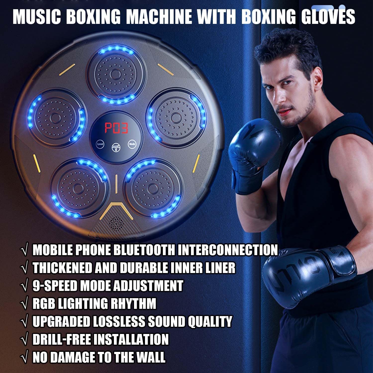 Puncheffy Upgraded Bluetooth Music Boxing Machine - Wall Mounted Smart Punching Bag for Adults & Kids, Adjustable Levels for Home Gym, Cardio Workout & Stress Relief