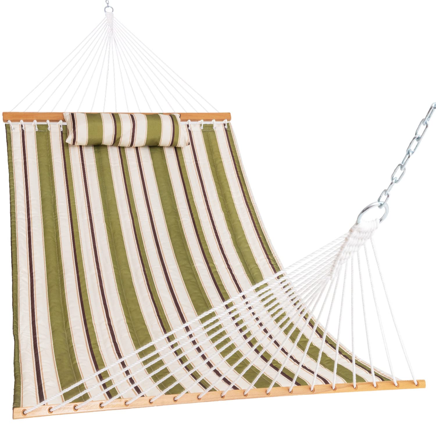 12FT Double Hammock with Pillow & Spreader Bar - Quilted Fabric 2 Person Hammock for Outdoor, Patio, Garden, Yard, Pool & Beach - Perfect for Relaxing, Camping & Backyard Lounging - QFH014