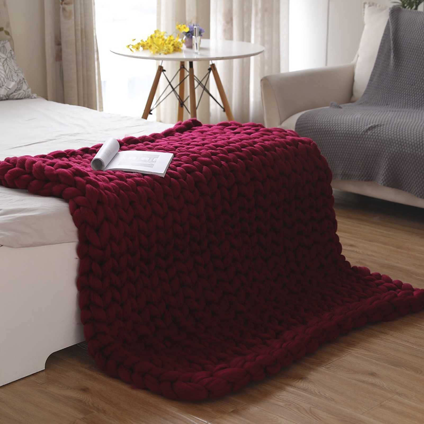 Chunky Knit Blanket - Thick Merino Wool Yarn, Super Soft & Warm Throw for Bed, Sofa, Chair - Cozy Home Decor for Living Room, Office & Boho Style