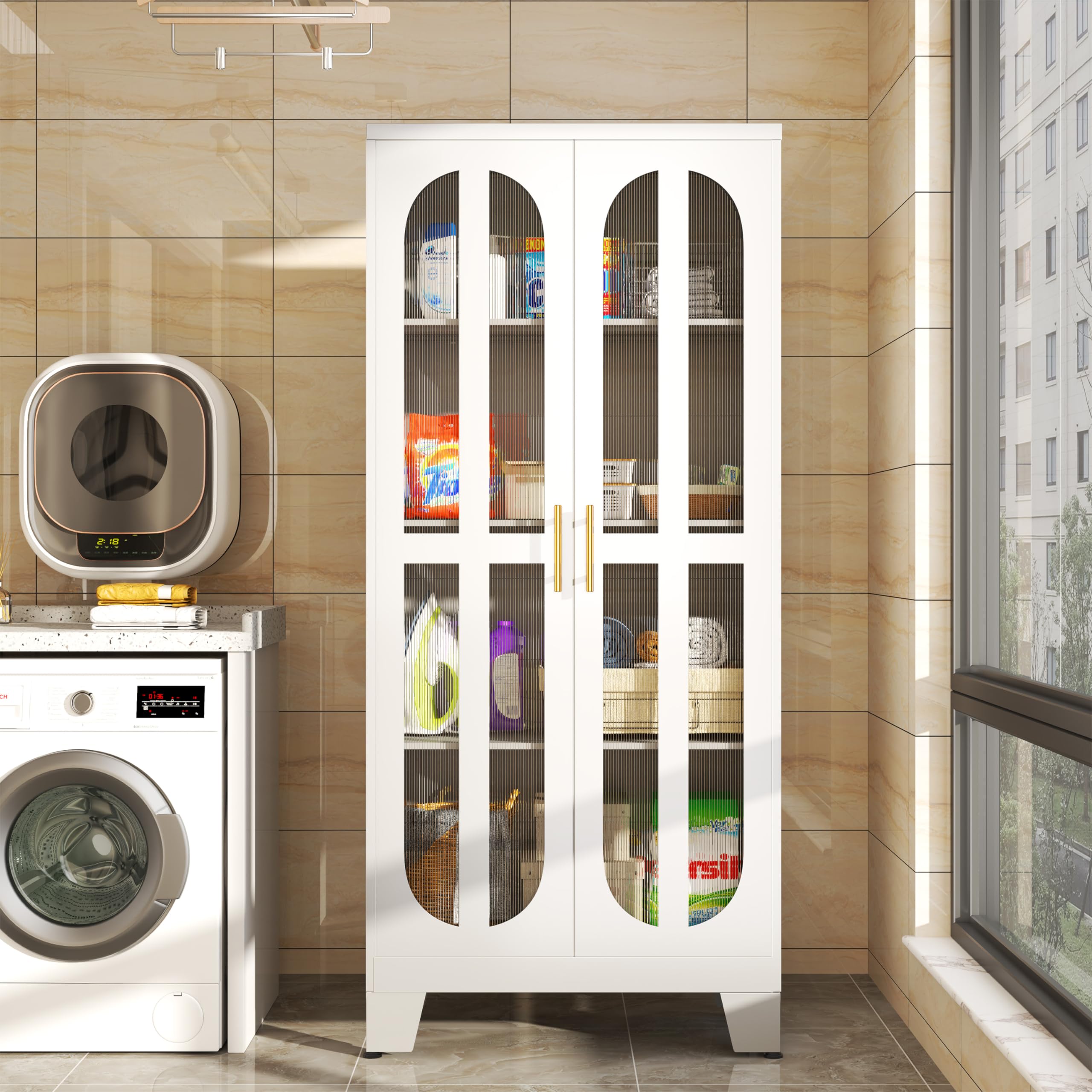 Stainless Steel Kitchen Pantry Storage Cabinet with Acrylic Glass Doors & Adjustable Shelves - 61.02