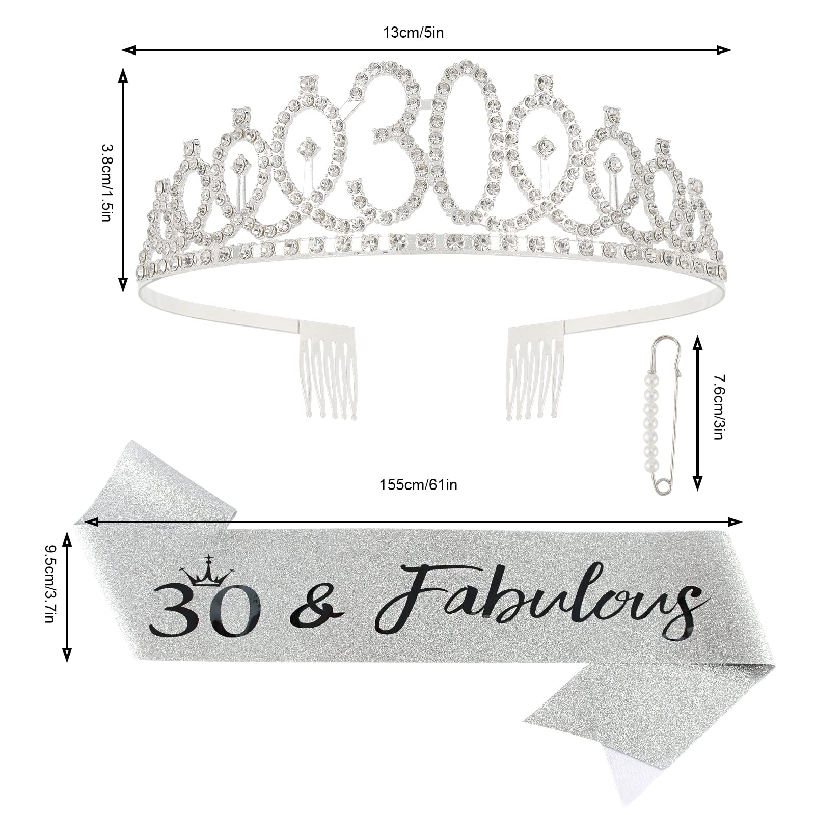 30th Birthday Sash & Tiara Set for Women - Silver '30 & Fabulous' Crown & Sash - Birthday Queen Decorations - Perfect for 30th Birthday Parties, Bachelorette Celebrations & Milestone Events