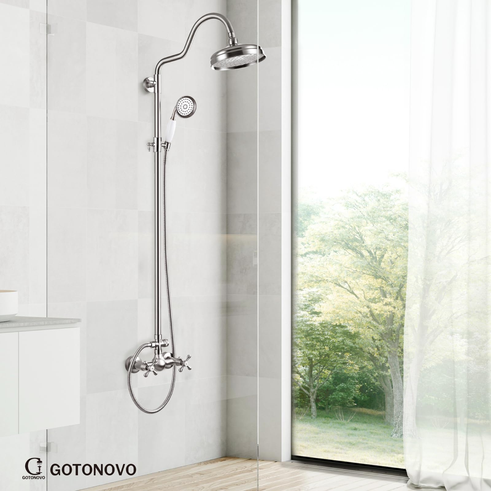 Luxury 8 Inch Wall Mount Rainfall Shower System - Brushed Nickel Exposed Shower Faucet Set with Adjustable Arc Rod & Handheld Spray - Perfect for Modern Bathrooms & Spa-Like Experience
