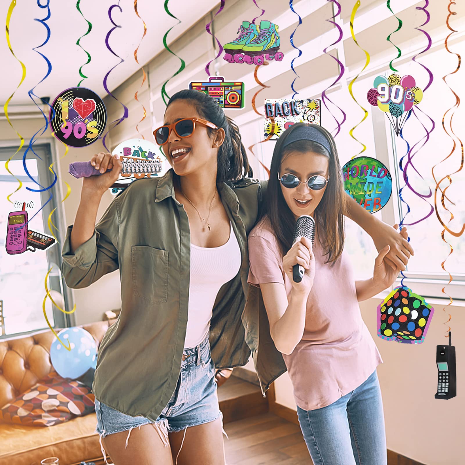 90s Party Decorations - 30 Pcs Hanging Swirls for 90s Theme Birthday, Back to 1990s Party Supplies - Perfect for Adult Retro Parties, School Dances & 90s Themed Events