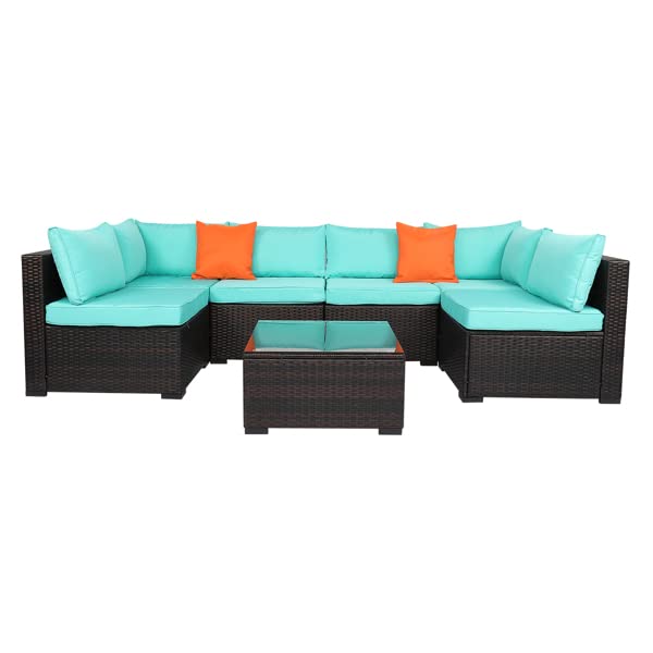 Brown Gradient Rattan Lake Cushion Covers - 7 Piece Patio Furniture Set with Blue Cushions, Vacuum Packed for Easy Storage | Perfect for Outdoor Lounge, Poolside, and Garden Decor