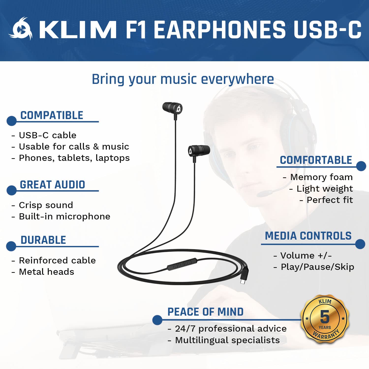 KLIM F1 USB C Wired Earphones with Microphone - High Quality Sound, Noise Cancelling, Durable Design - Compatible with Huawei, Sony, Samsung & More - Perfect for Gaming, Travel & Work Calls (5-Year Warranty)