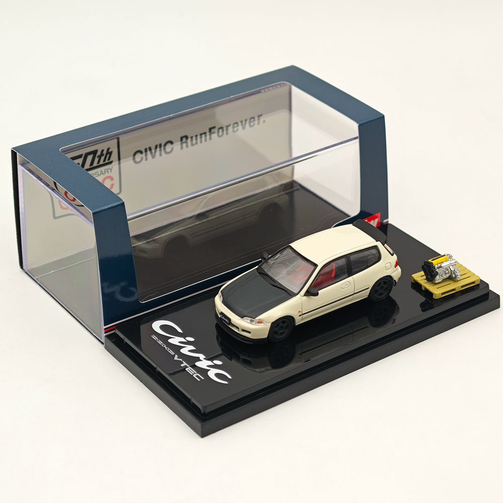 1/64 Honda CIVIC EG6 JDM Style Custom Diecast Model Car with Engine Display - White HJ642017AW - Collectible Diecast Vehicle for Car Enthusiasts & Hobbyists (Perfect for Display, Gifts, and Model Car Collections) Ships from USA