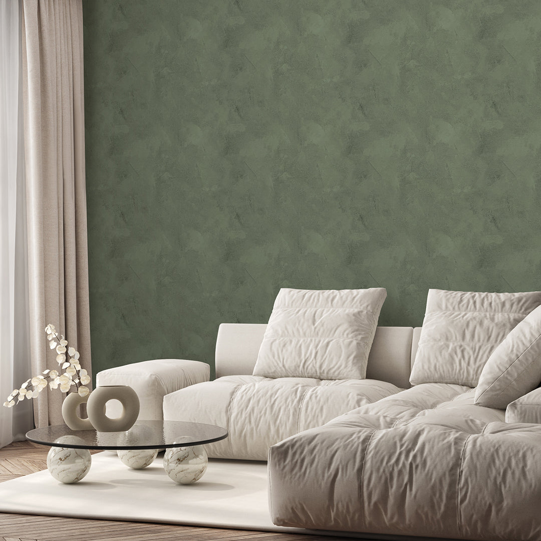 Green Limewash Wallpaper A035 - Natural Textured Peel & Stick Wallpaper for Living Room, Bedroom, and Office Decor