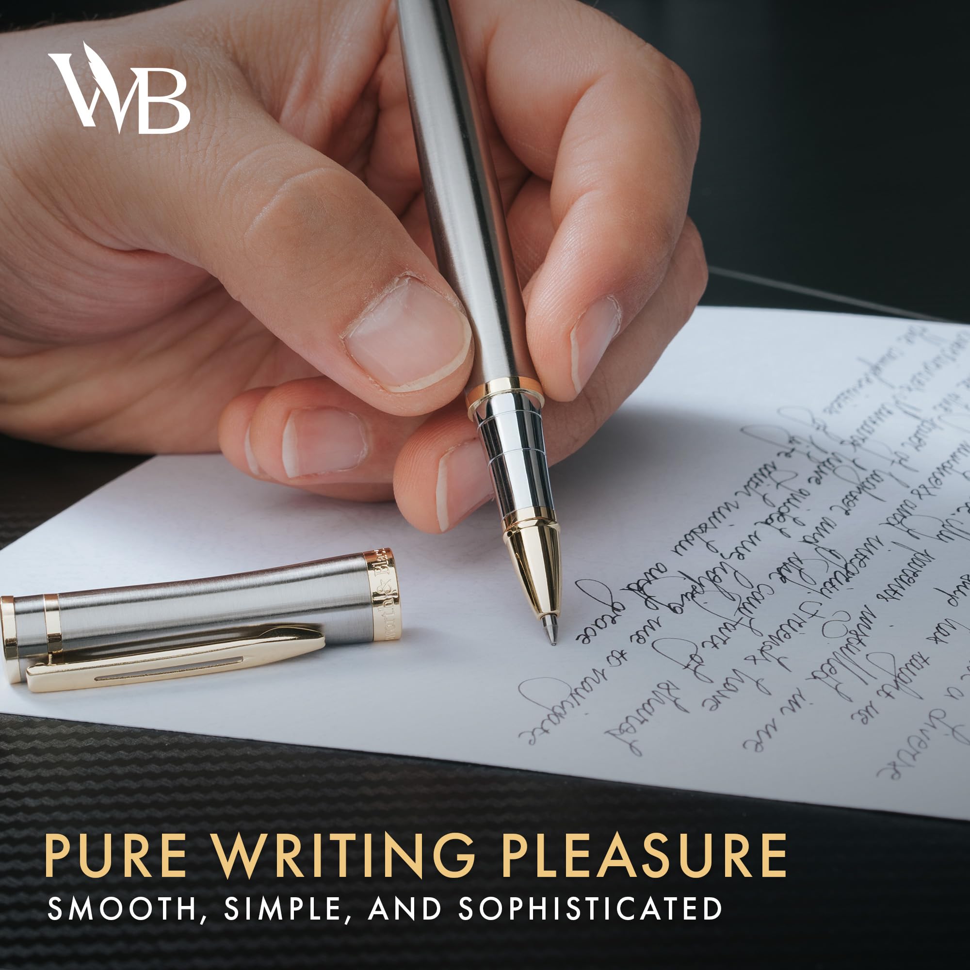 Premium Wordsworth & Black Rollerball Pen - 24K Gold Plated Luxury Writing Instrument with Silver Lacquer Finish, Refillable Ink Cartridge - Elegant Gift for Professionals, Men & Women - Perfect for Office Use, Business Meetings & Signature Documents