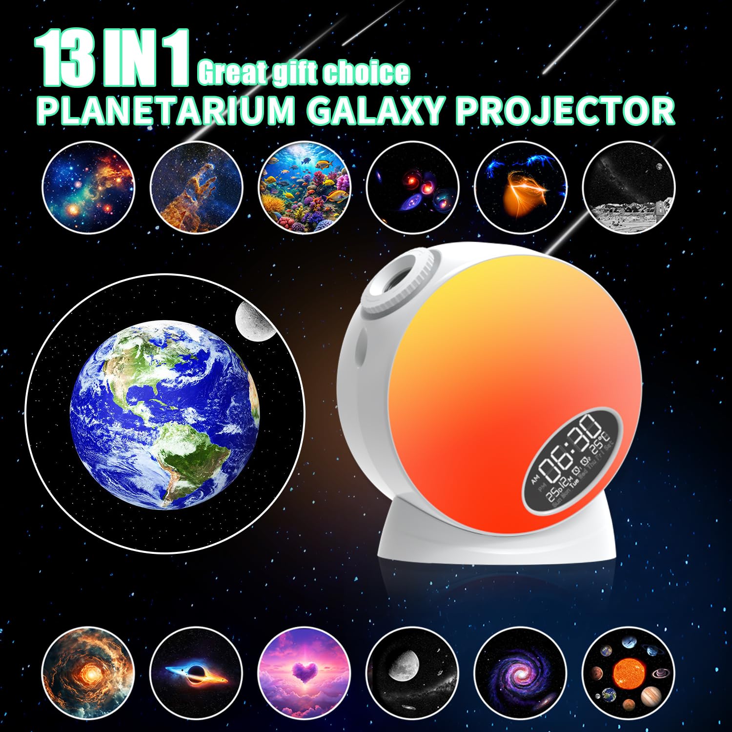 Smart Galaxy Star Projector - 13-in-1 HD Planetarium Night Light with Alarm Clock & Timer | Perfect for Bedroom, Gaming Room, Home Theater & Meditation Space | Creates Stunning Starry Night Atmosphere for Relaxation, Sleep & Entertainment
