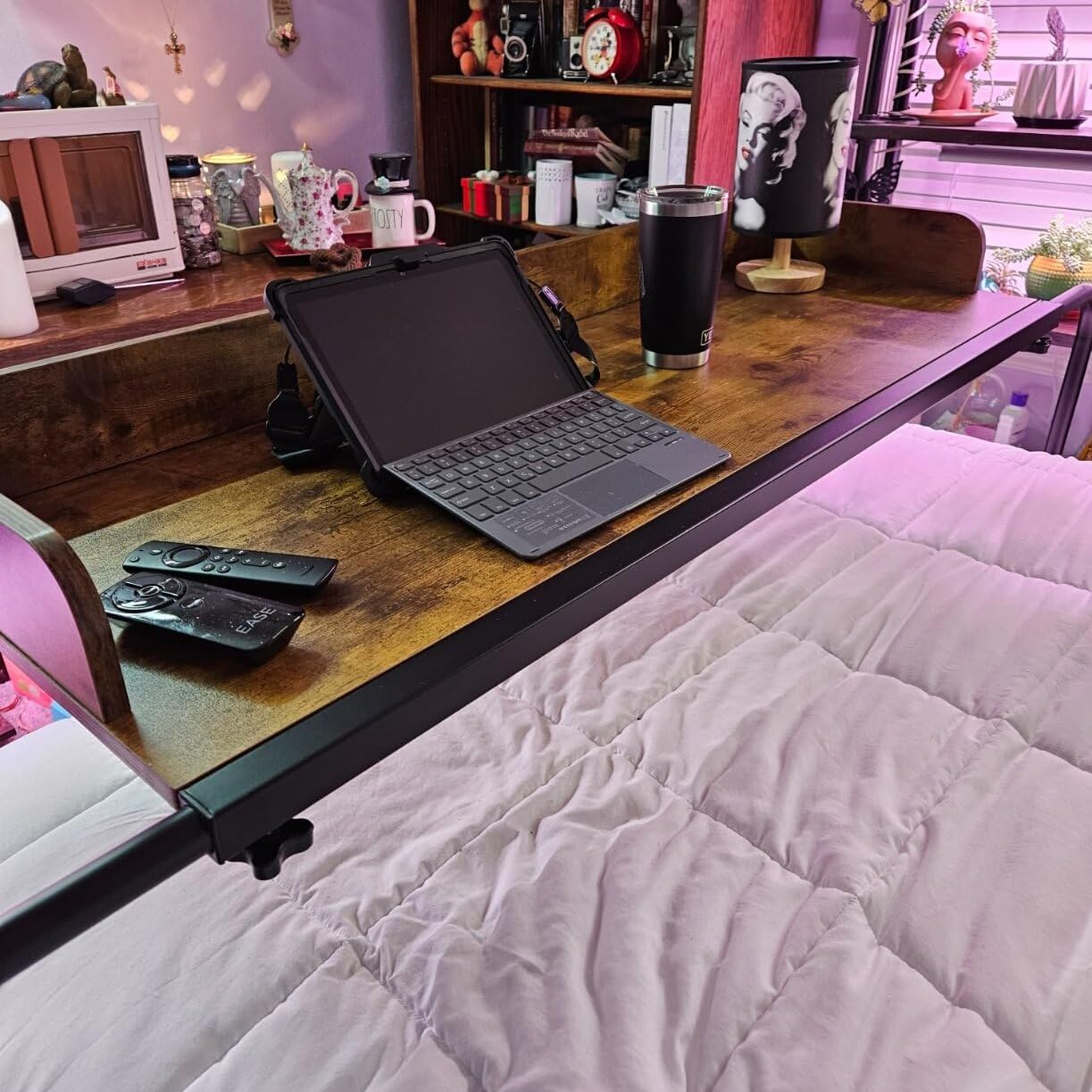 Adjustable Overbed Table with 360° Wheels - Queen Size Mobile Bed Desk for Hospital & Home Use - Heavy Duty Metal Legs, Height & Length Adjustable - Perfect for Eating, Working, Reading in Bed or Recliner