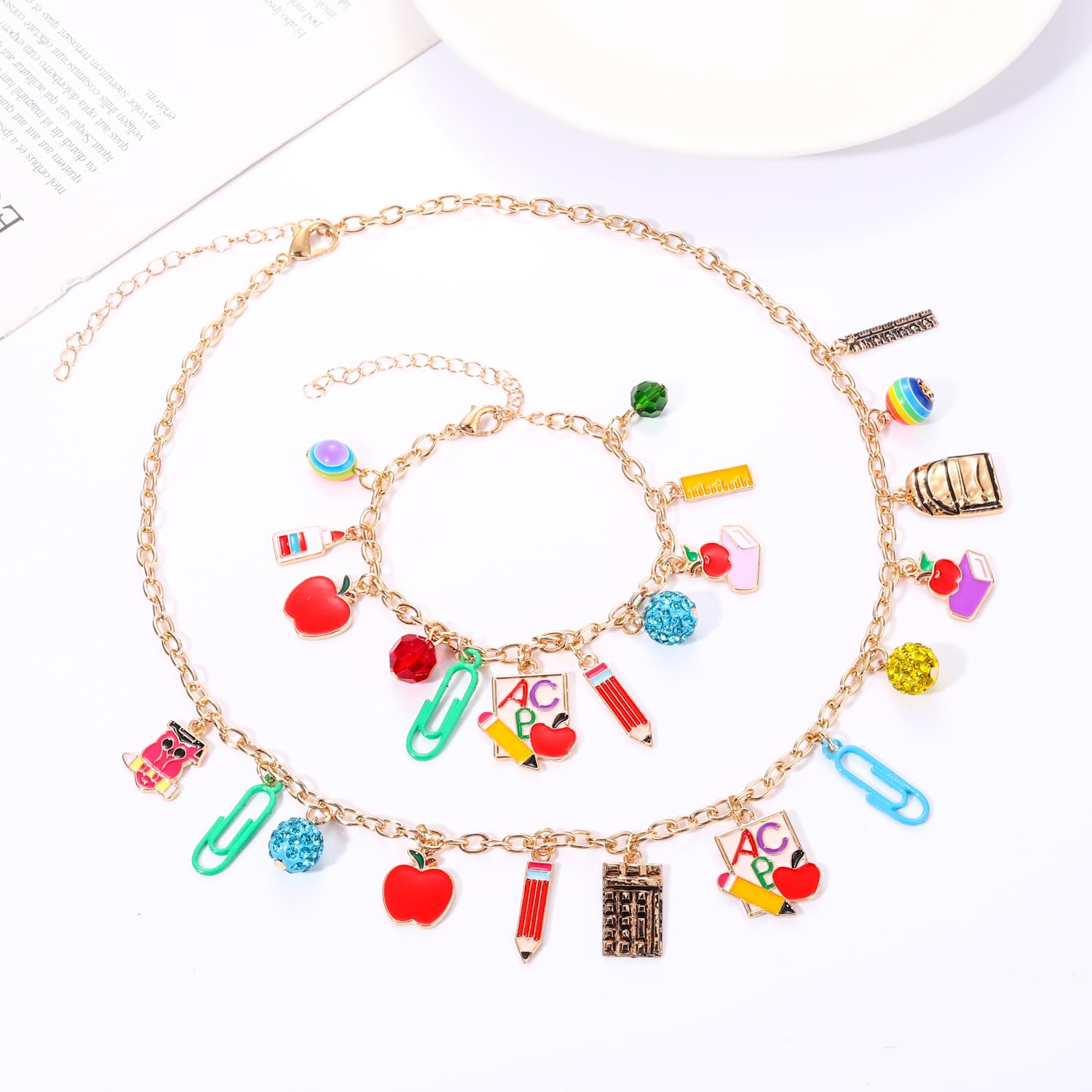 Teacher Jewelry Set - Apple Pencil Book Charm Necklace Earrings Bracelet for Women, Back to School Gifts