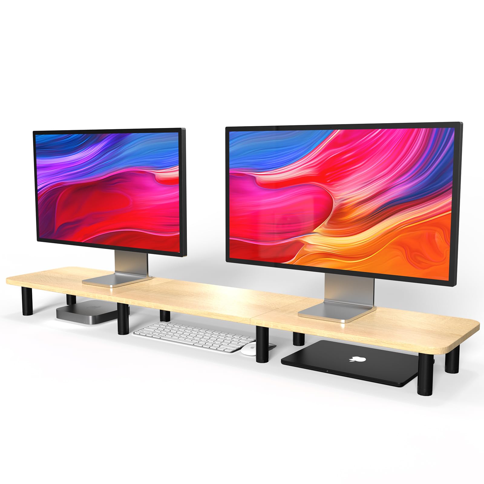 WEGASTU 43.7 Inch Extra Long Dual Monitor Stand Riser - Adjustable Height Wood & Steel TV Stand for 2 Monitors - Wide Desktop Organizer for Home Office Setup (Natural Finish) - Perfect for Multi-Screen Workstations and Ergonomic Workspaces