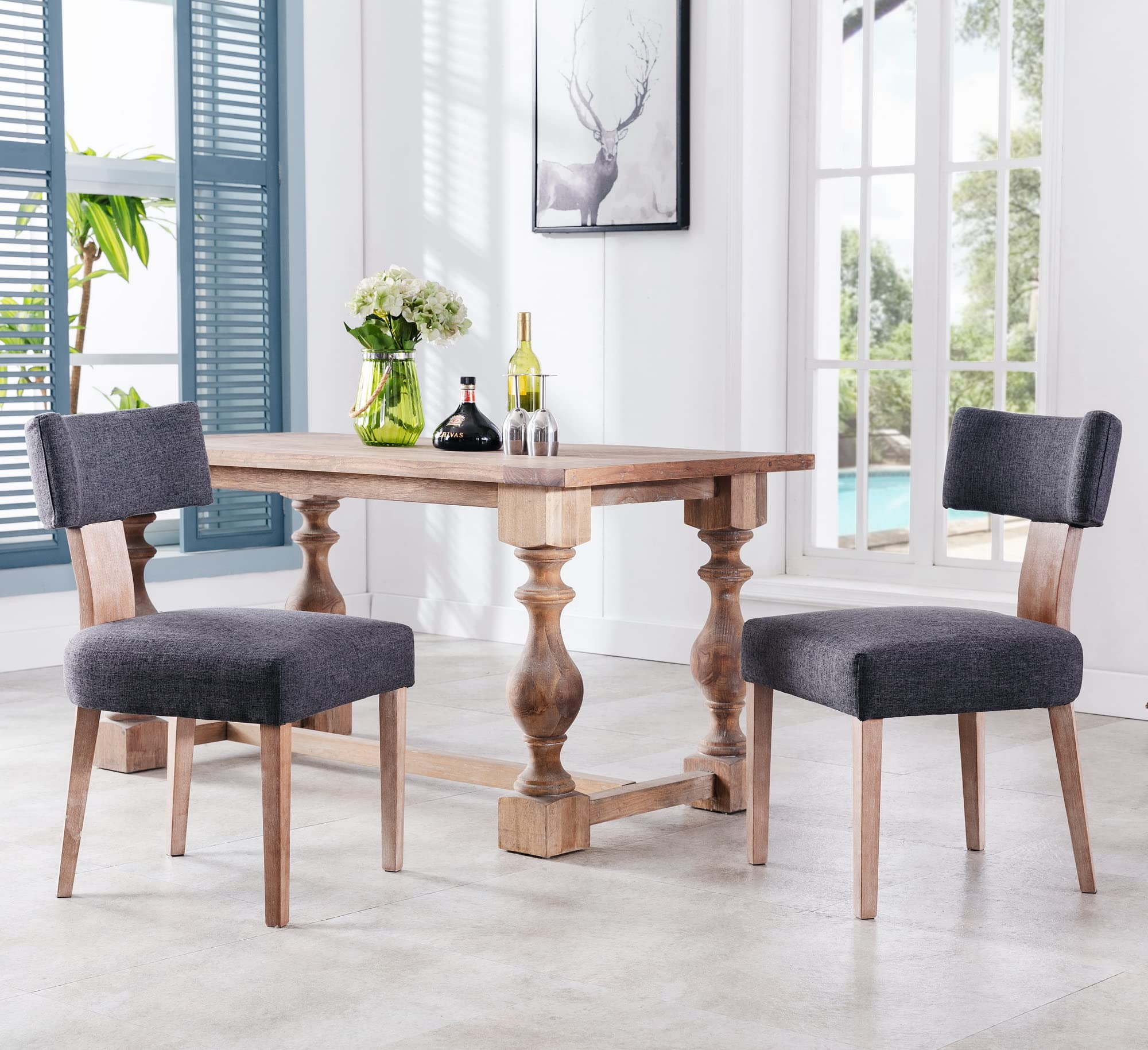 Wahson Farmhouse Kitchen & Dining Room Chairs Set of 2 - Retro Linen Upholstered Dining Chairs with Sturdy Hardwood Legs in Charcoal | Perfect for Farmhouse, Cottage & Vintage Style Dining Rooms