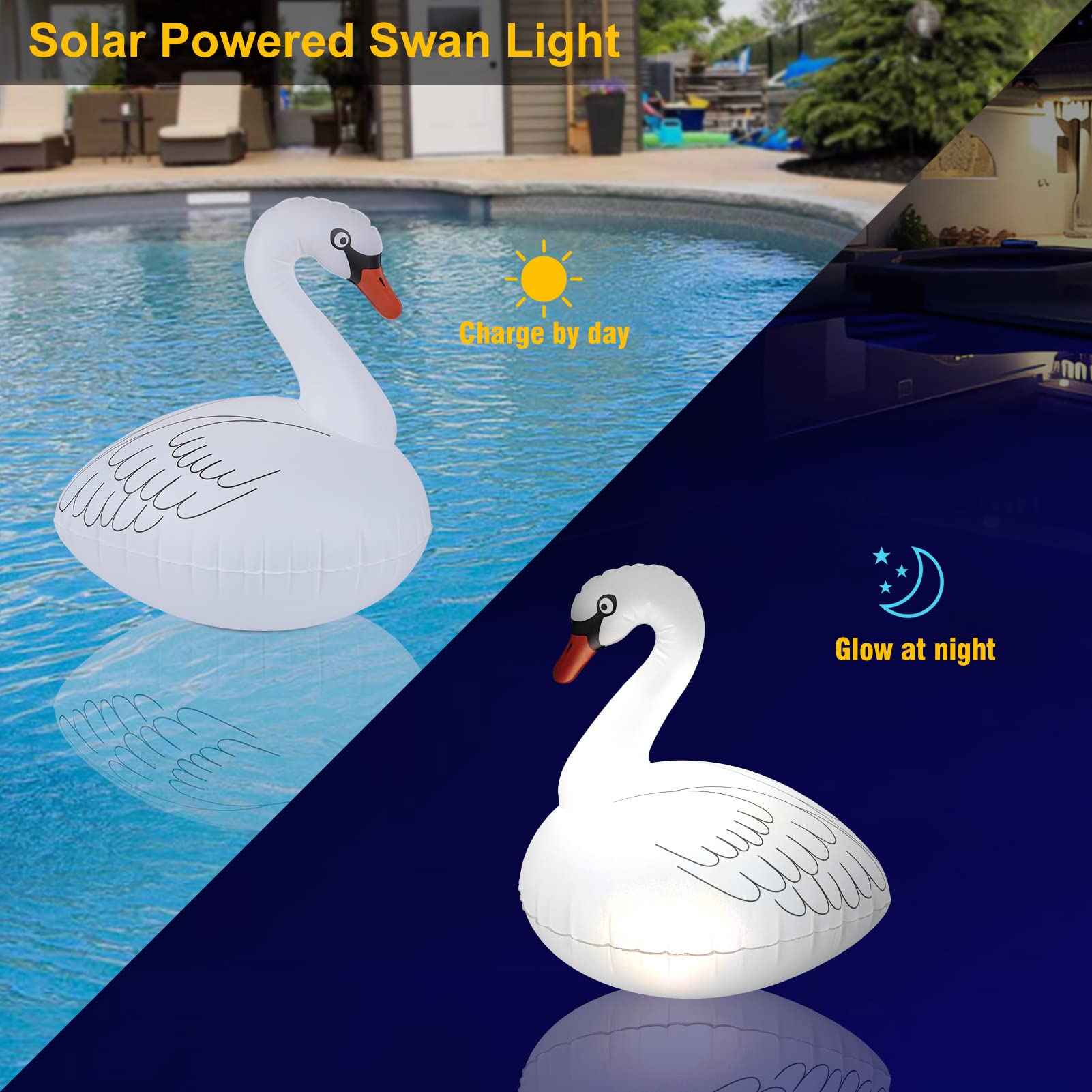 Swan Floating Solar Lights - Waterproof Inflatable Color Changing LED Pool Lights for Beach, Garden, Backyard, Pond, and Outdoor Parties