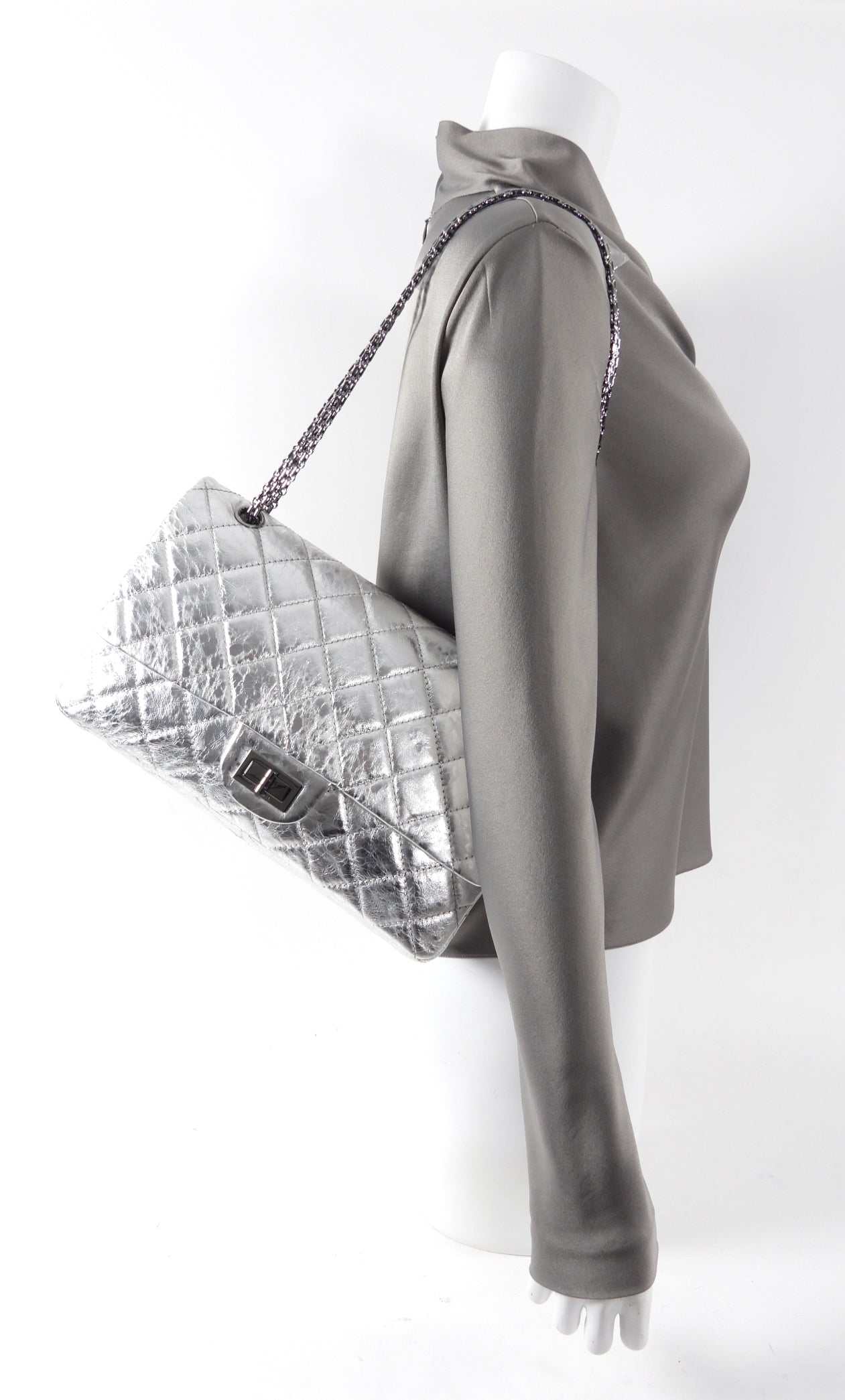 Chanel 2.55 Reissue 227 Jumbo Silver Aged Calfskin Flap Bag - Luxury Designer Handbag for Women | Perfect for Evening Events, Parties & Special Occasions