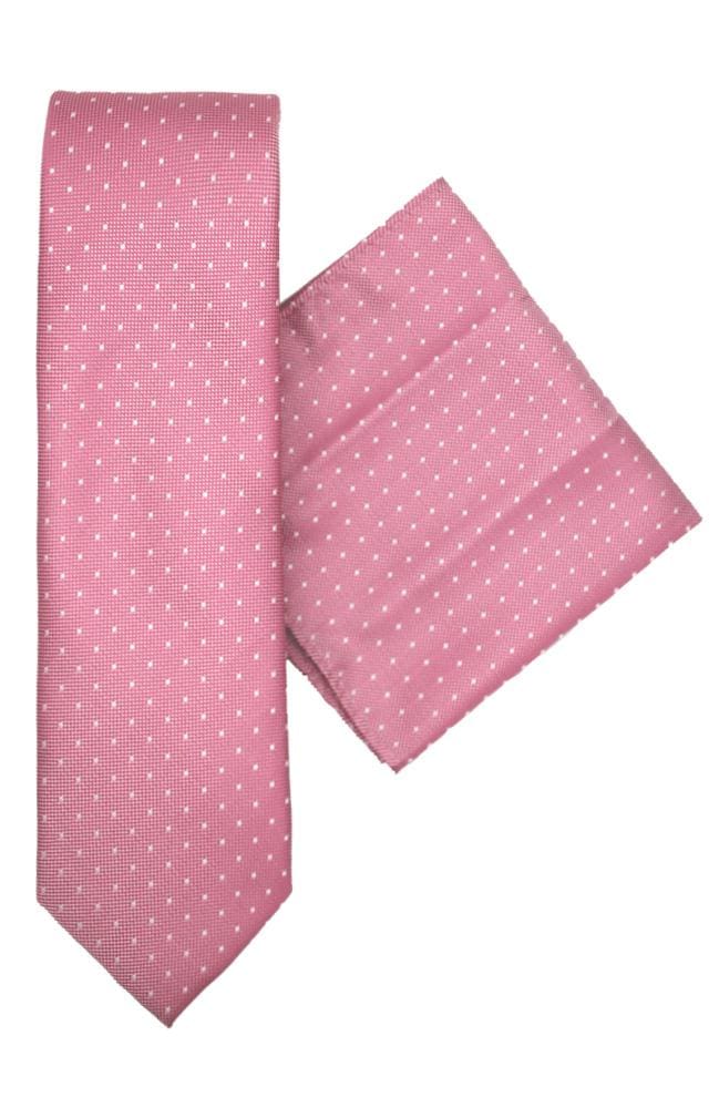 L.A. Smith Polyester Pink Polka Dot Tie and Pocket Square Set - Perfect for Weddings, Prom & Formal Events