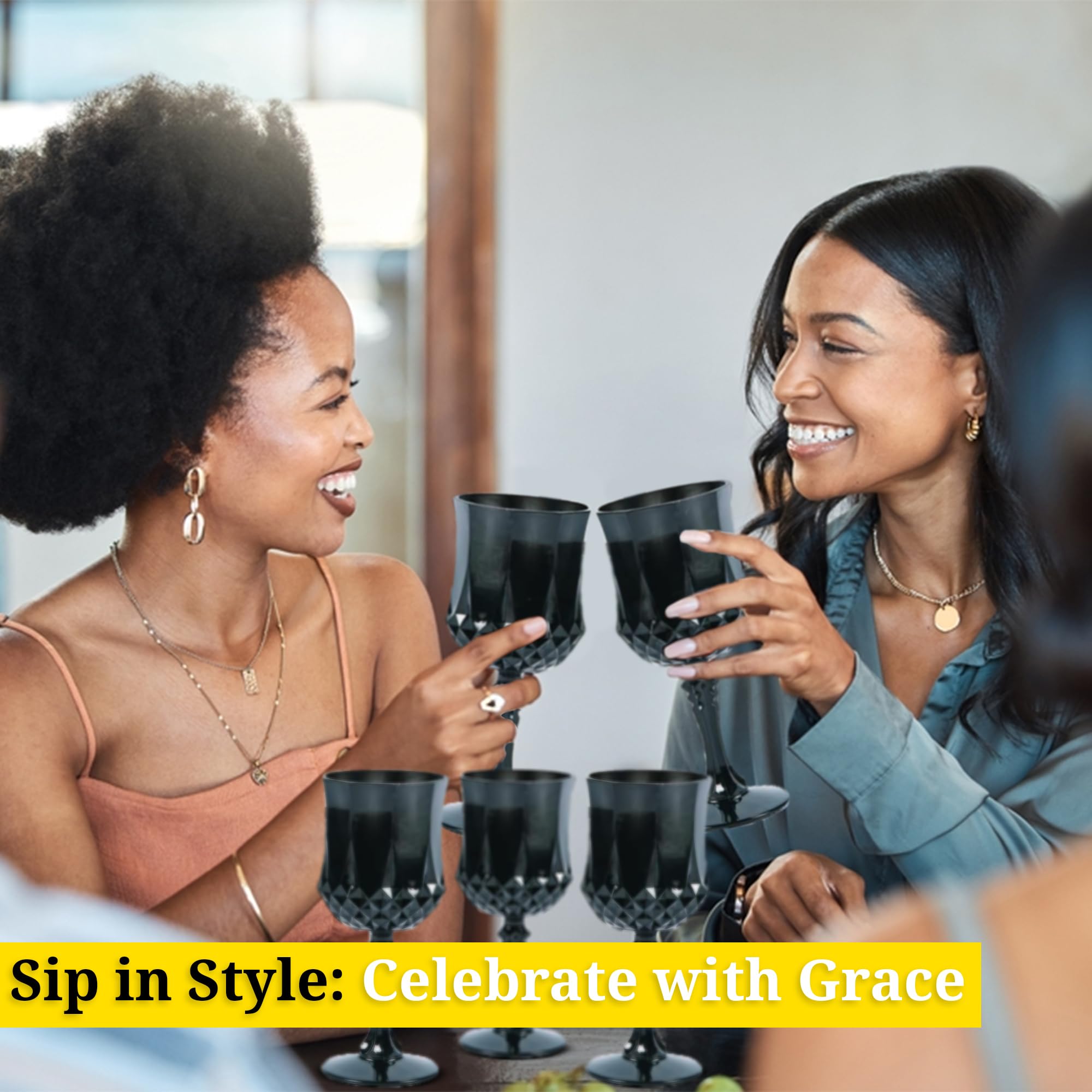 48-Pack Black Patterned Plastic Wine Glasses for Wedding, Reception & Party Events - Elegant Disposable Cups for Grand Celebrations, Bridal Showers & Banquets