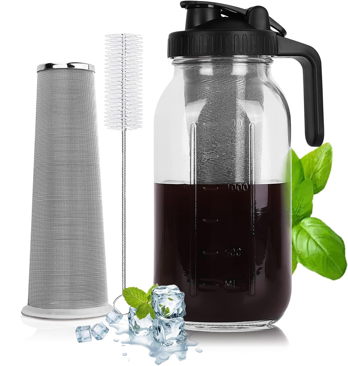 Premium Cold Brew Coffee Maker - 64oz Glass Mason Jar with Stainless Steel Filter, Leakproof Lid & Ergonomic Handle - Perfect for Iced Coffee, Tea & Cold Brew at Home, Office or Outdoor Camping - Black