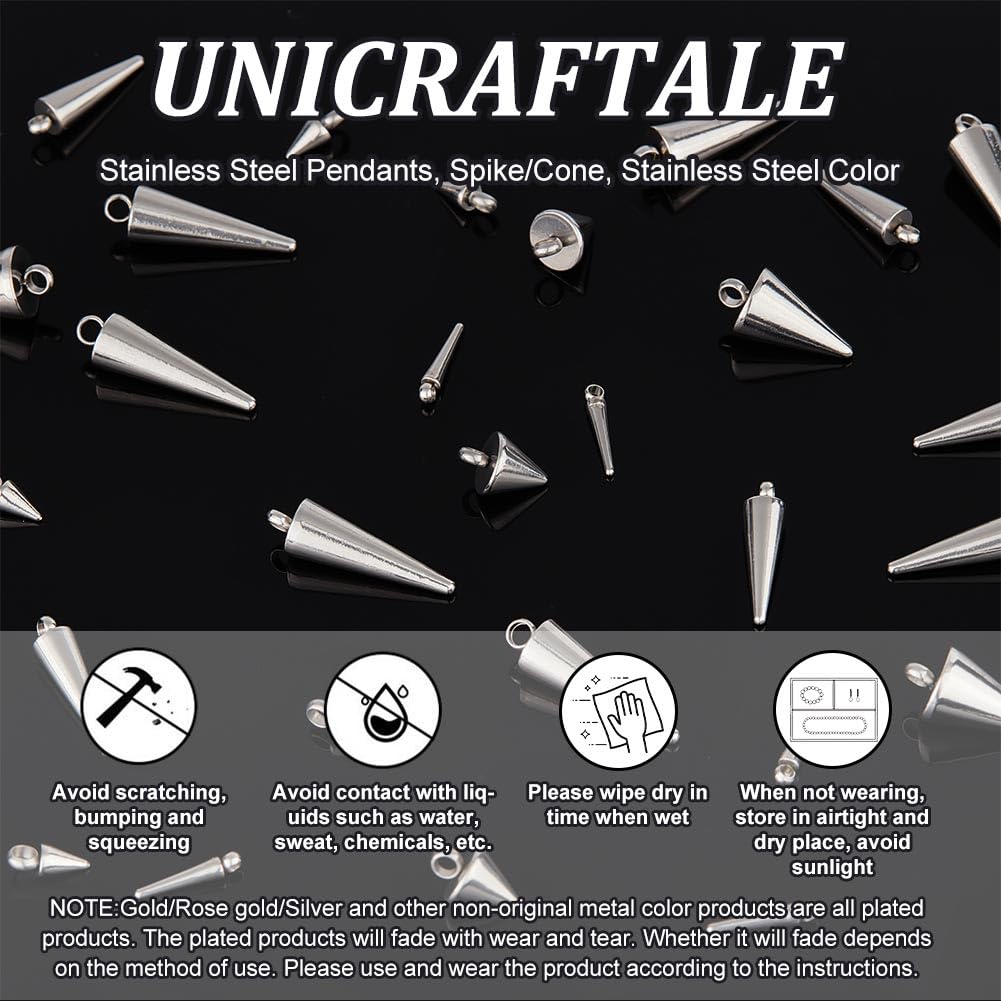 UNICRAFTALE 60pcs Stainless Steel Cone Charms - 6 Sizes Hypoallergenic Punk Style Spiked Pendants for DIY Jewelry Making (Necklace, Earrings, Bracelet) - Perfect for Gothic, Boho, and Rock Fashion Accessories