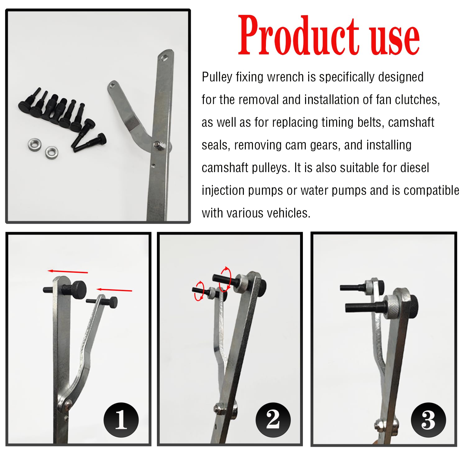 11-Piece Universal Camshaft Pulley Wrench Set - Fan Clutch Removal Tool Kit with Interchangeable Pins, Adjustable Jaw Spreader & Alignment Repair Tools for Automotive Engine Maintenance & DIY Car Repairs